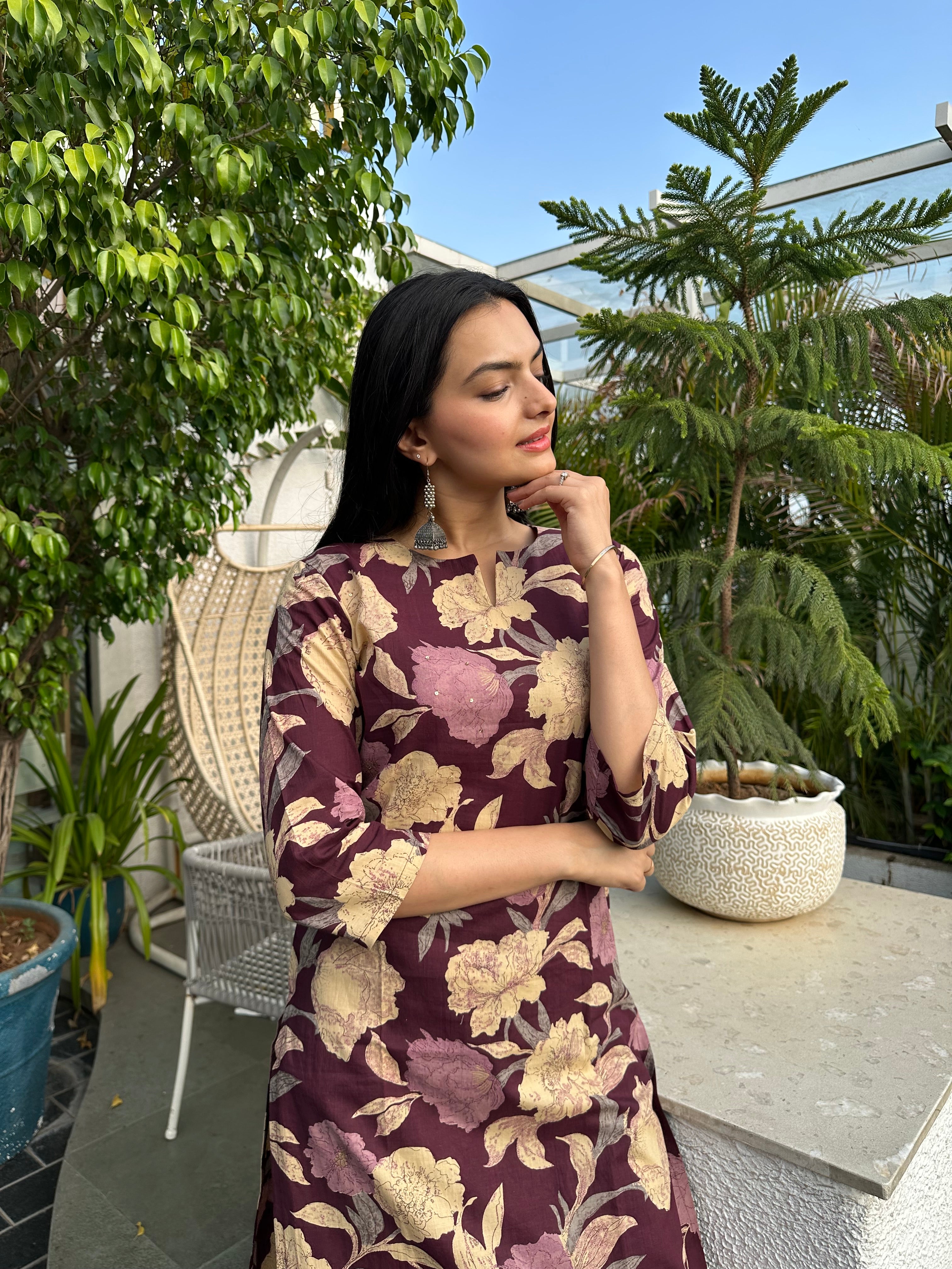 Wine Floral Foil Printed Kurta Set