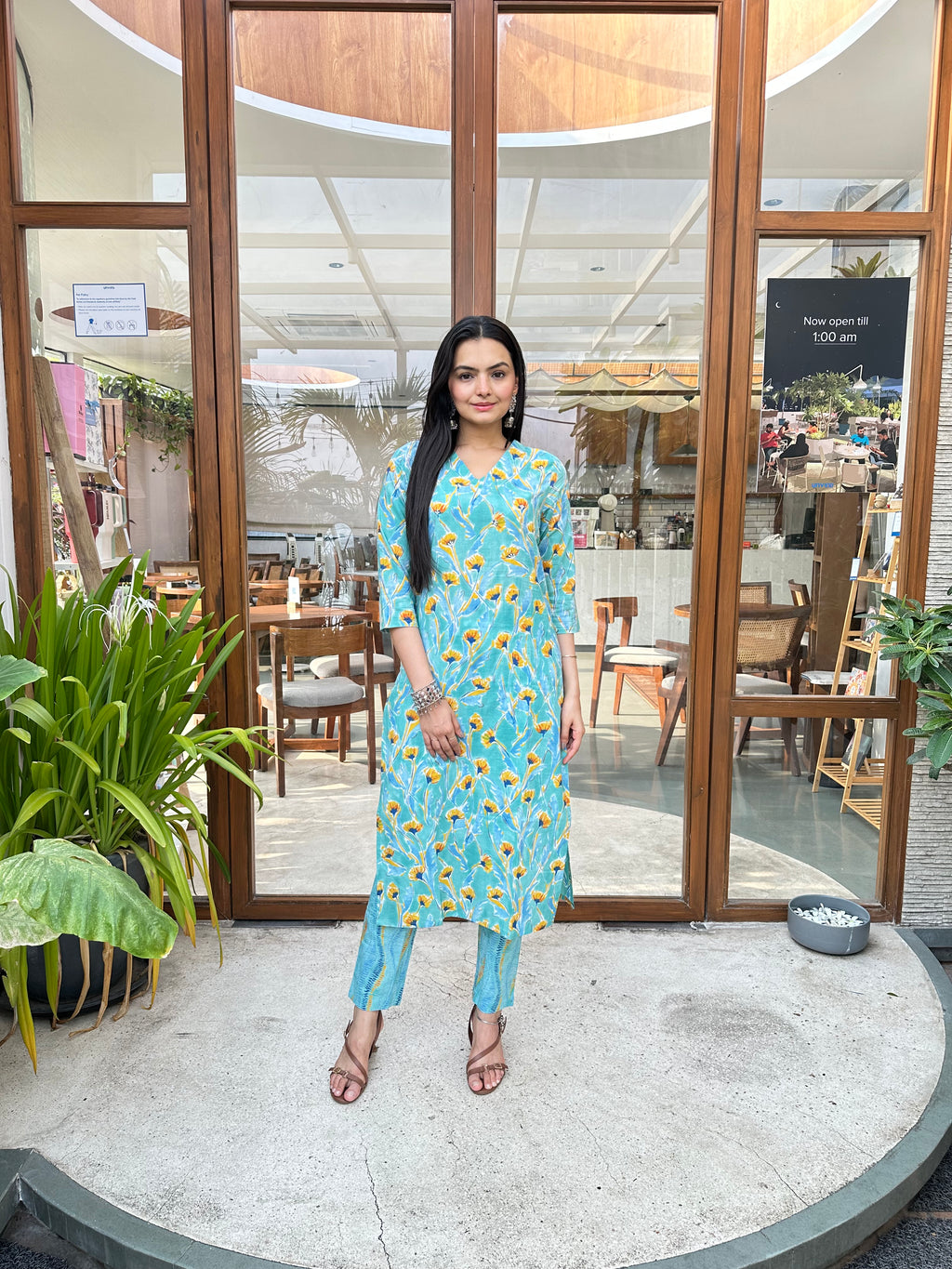 Ethnic Sky Blue Jaipuri Print Kurti Pant Set