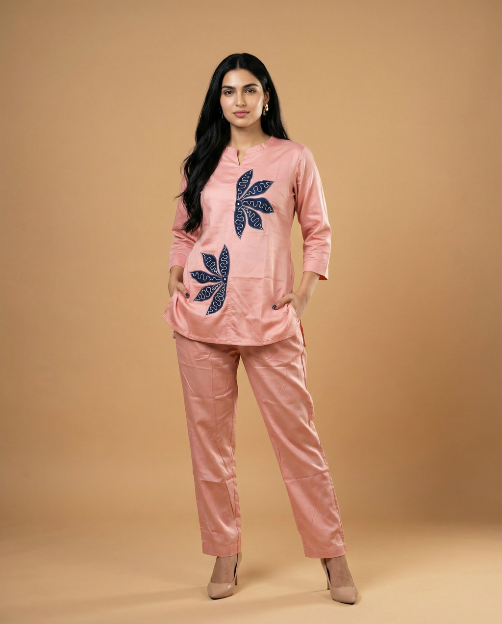 Osis Peach Floral Applique Giza Silk Coord Set