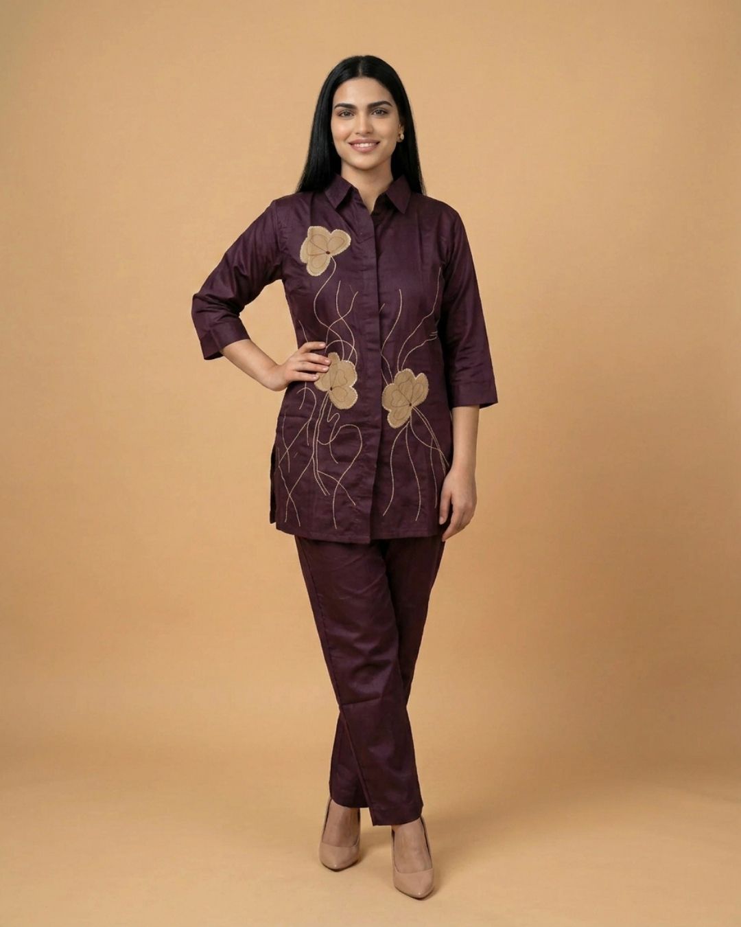 Burgundy Wine Flora Applique Giza Silk Coord Set