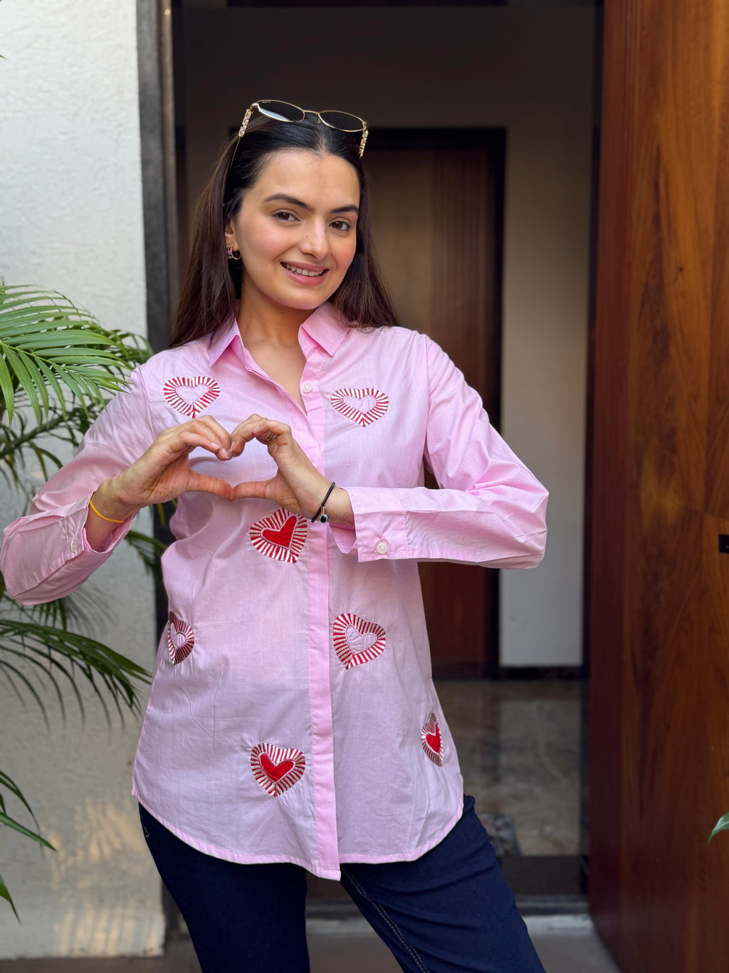 Pink Textured Heart Applique Rich Poplin Shirt