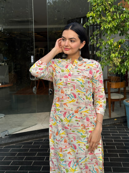 Cream Brush Print kurti pant set