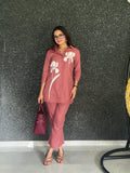 Terracotta Blush Pure Linen Orchid Applique Coord Set