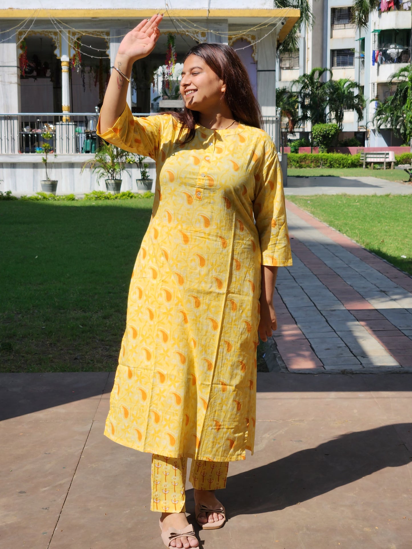 Yellow Keri Print Cotton Kurti Pant Set