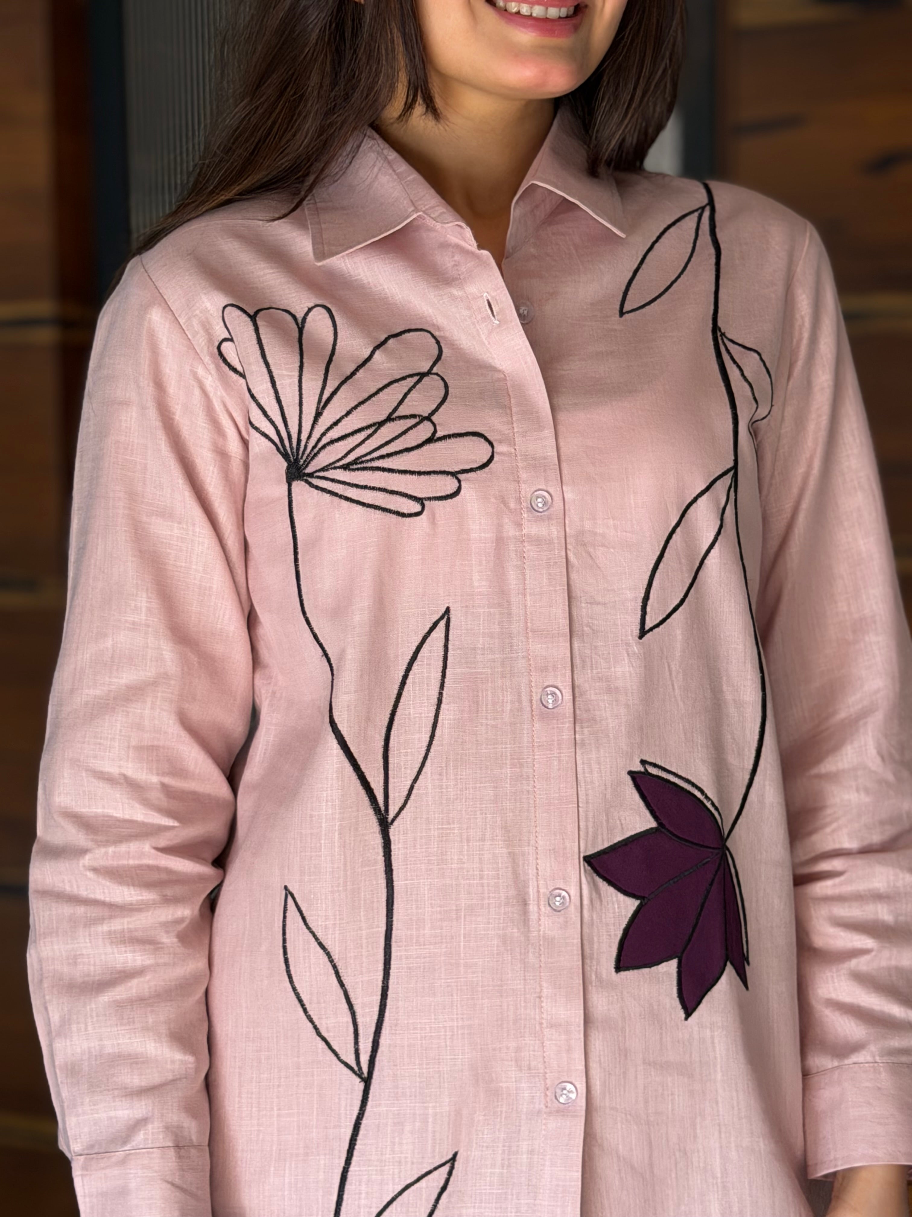 Peach Bloom Floral Applique Pure Linen Coord Set