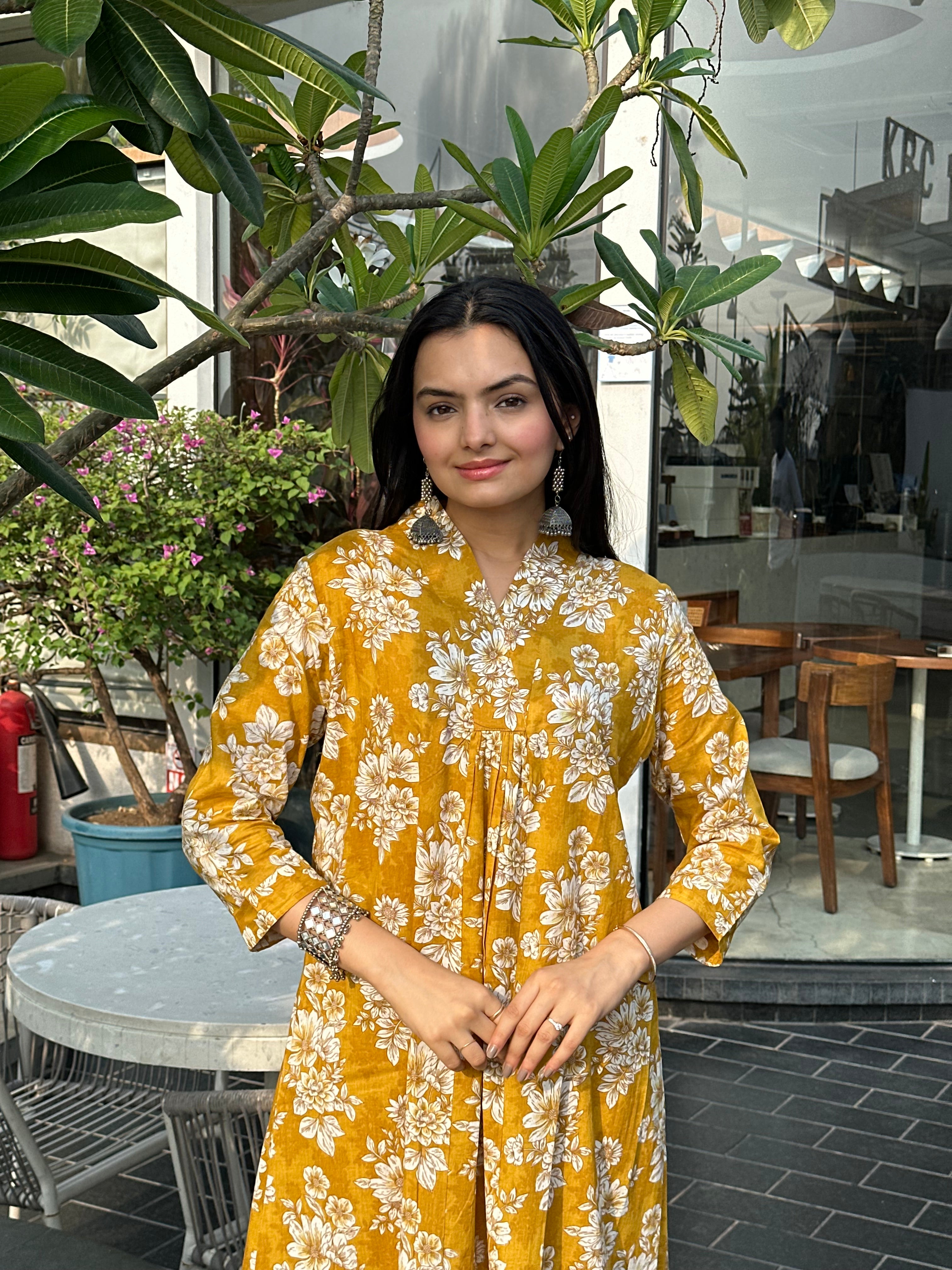 Sunbeam Petals Mustard Floral Print A-Line Kurti Pant Set