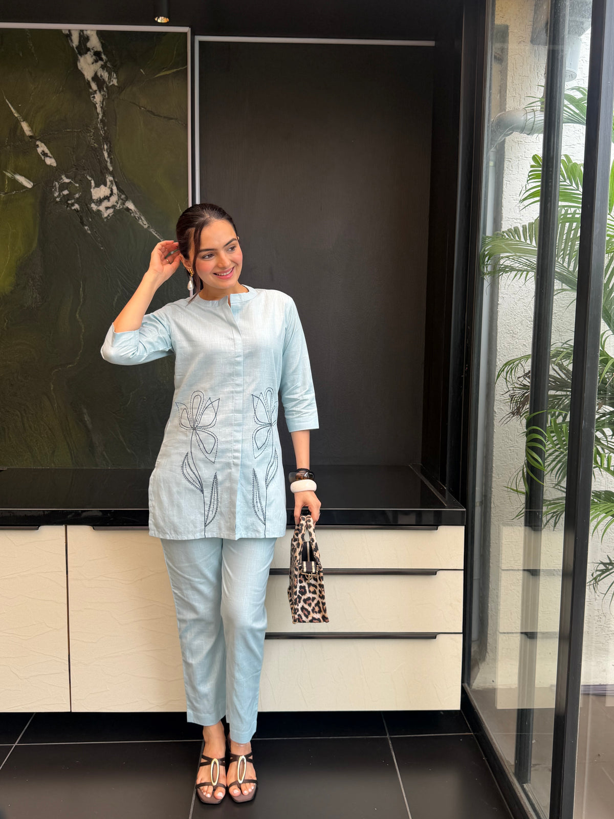 Lunara Blue Pure Linen Lily Leaf Embroidered Coord Set