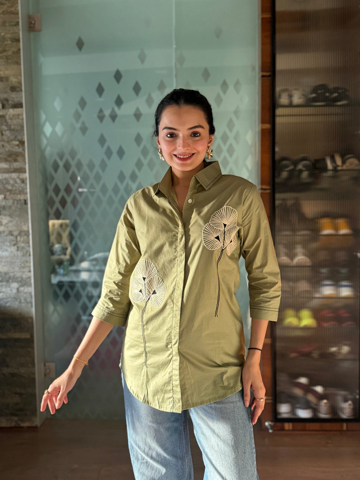 Olive Green Floral Embroidered Rich Poplin Shirt