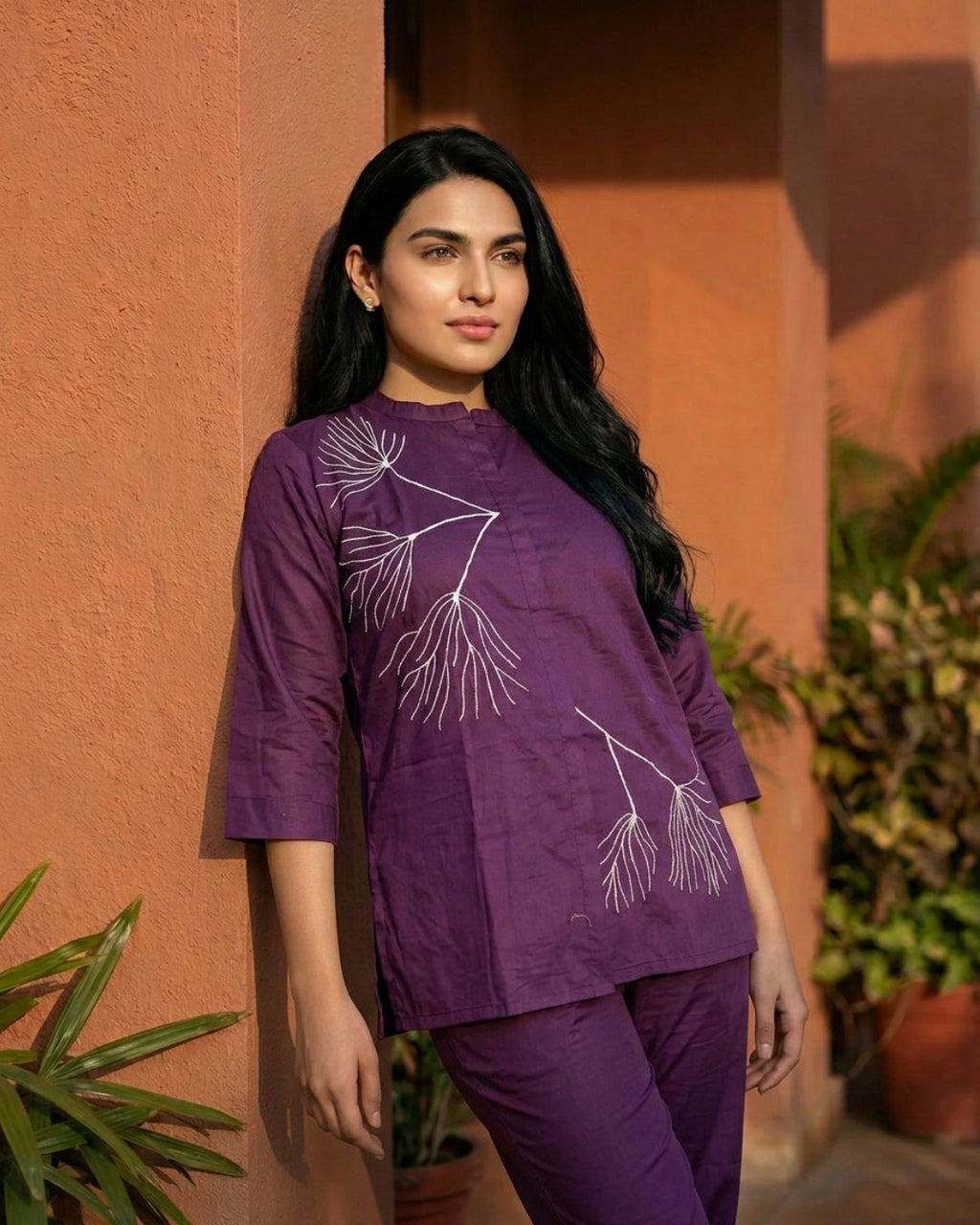 Amethyst Purple Thread Work Giza Silk Coord Set
