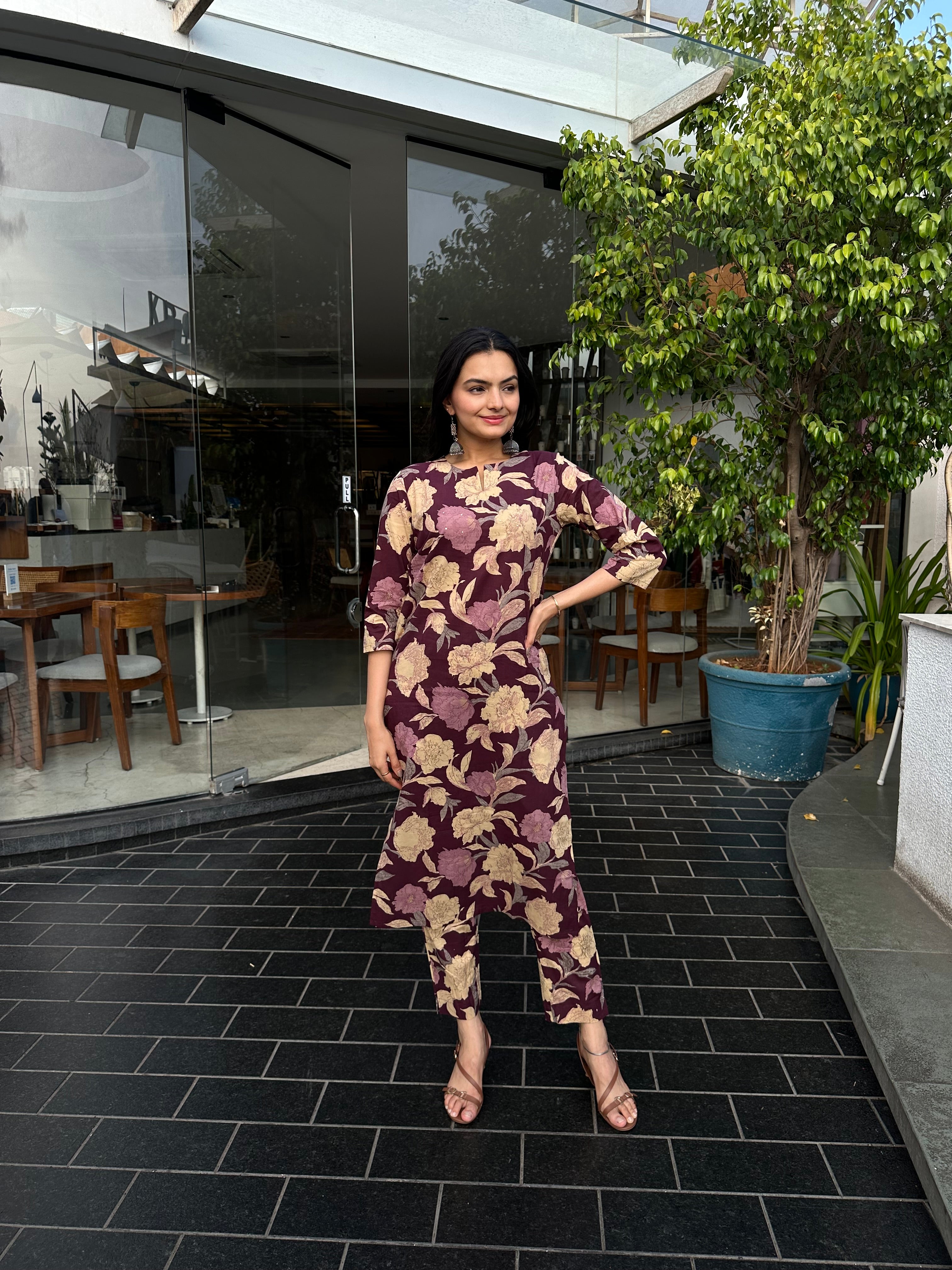 Wine Floral Foil Printed Kurta Set