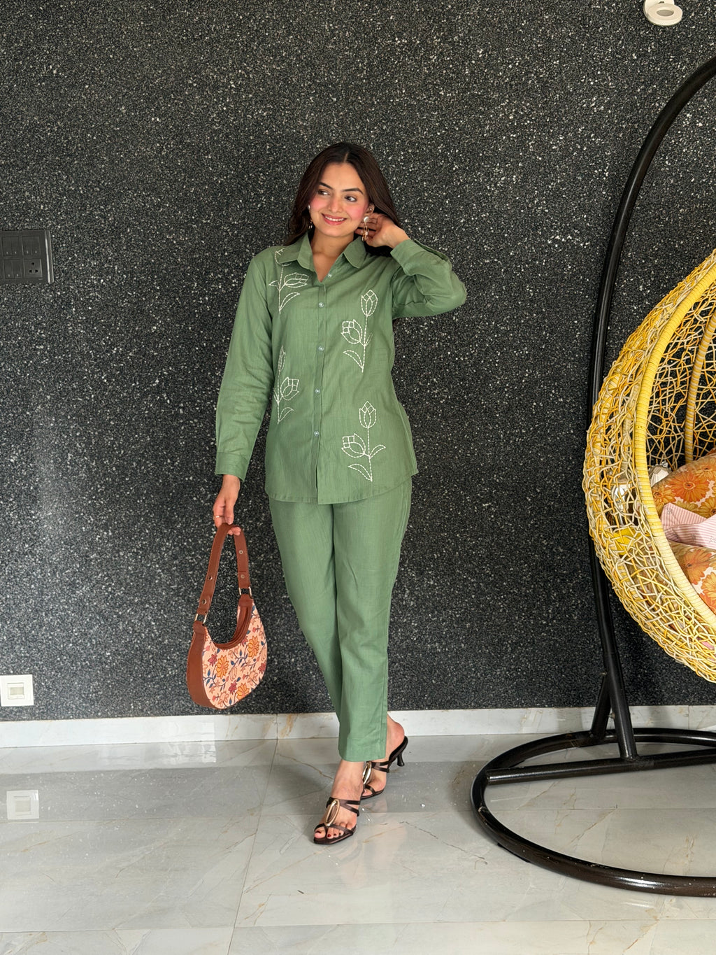 Green Tulip Floral Embroidered Pure Linen Coord Set