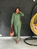 Green Tulip Floral Embroidered Pure Linen Coord Set