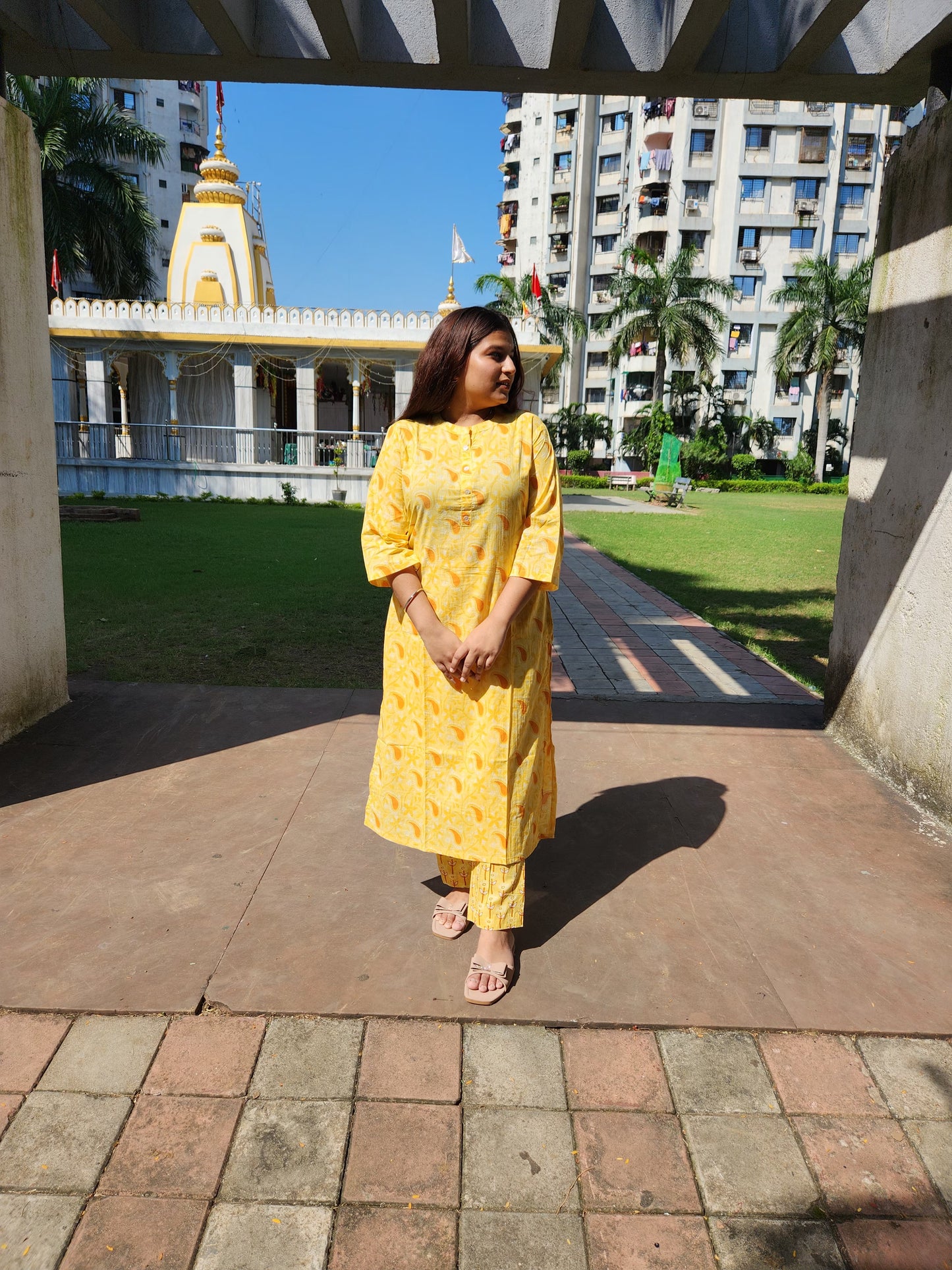 Yellow Keri Print Cotton Kurti Pant Set