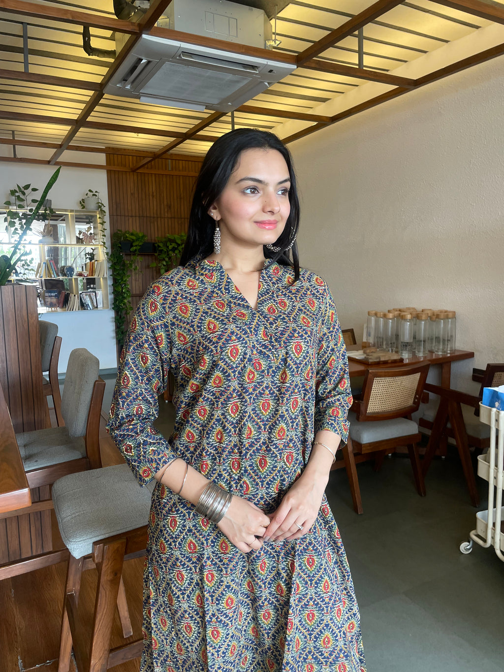 Eternal Indigo Grace Kalamkari Print A-Line Kurti Pant Set