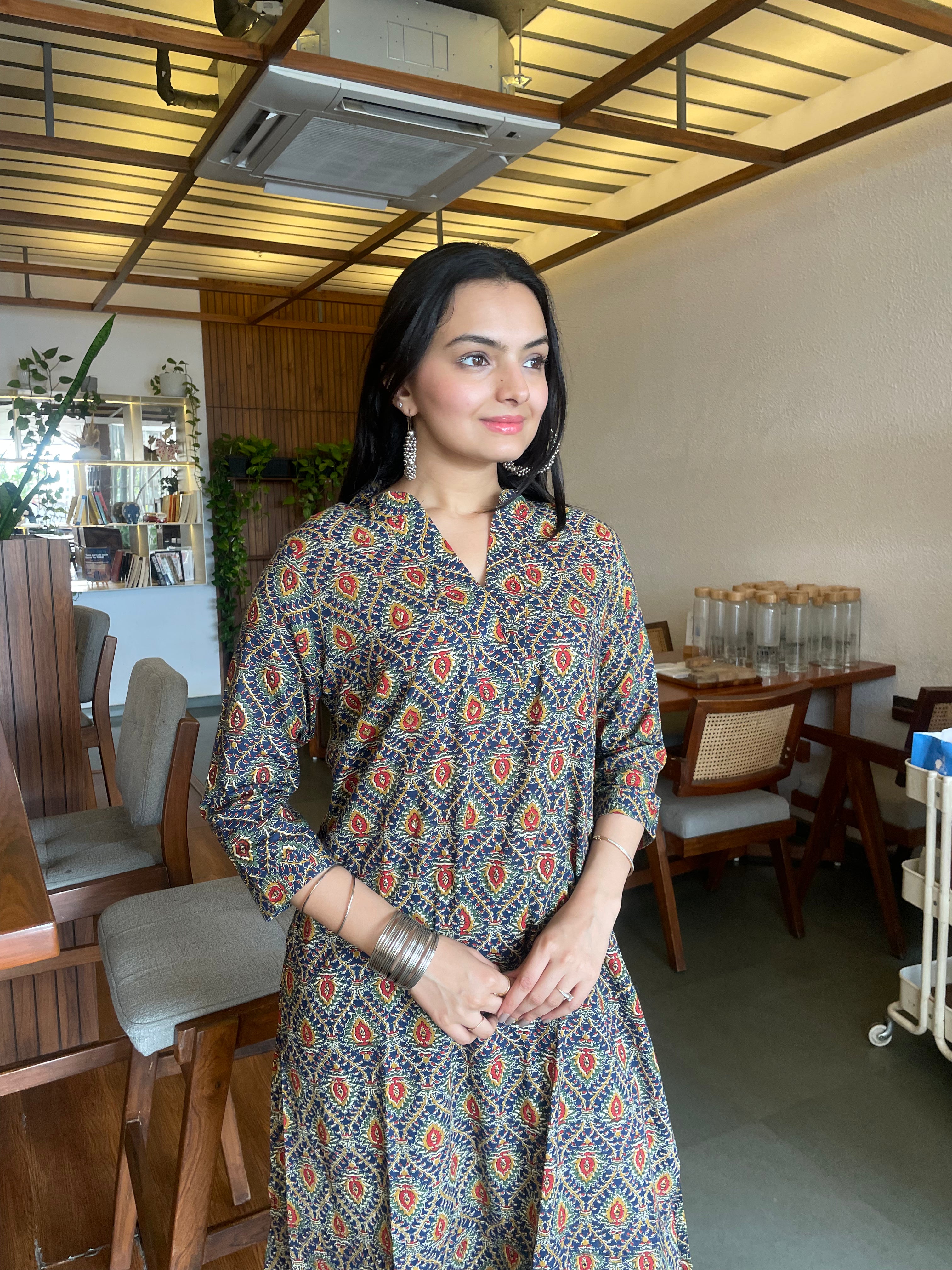 Eternal Indigo Grace Kalamkari Print A-Line Kurti Pant Set