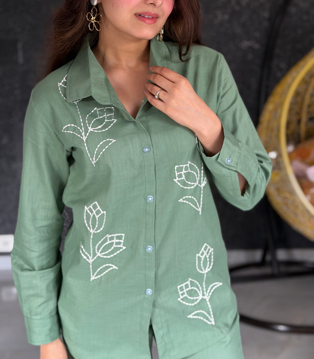 Green Tulip Floral Embroidered Pure Linen Coord Set