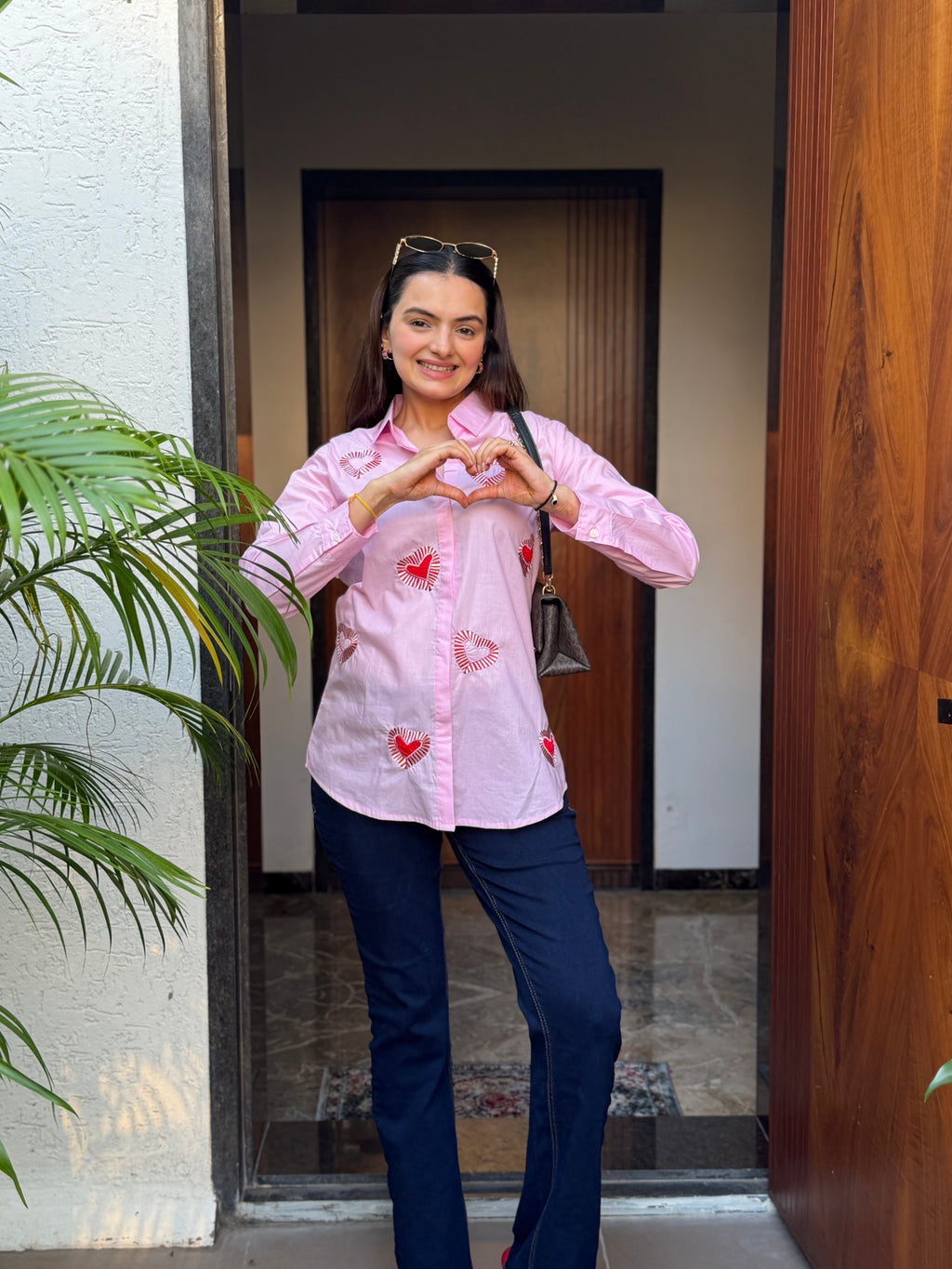 Pink Textured Heart Applique Rich Poplin Shirt