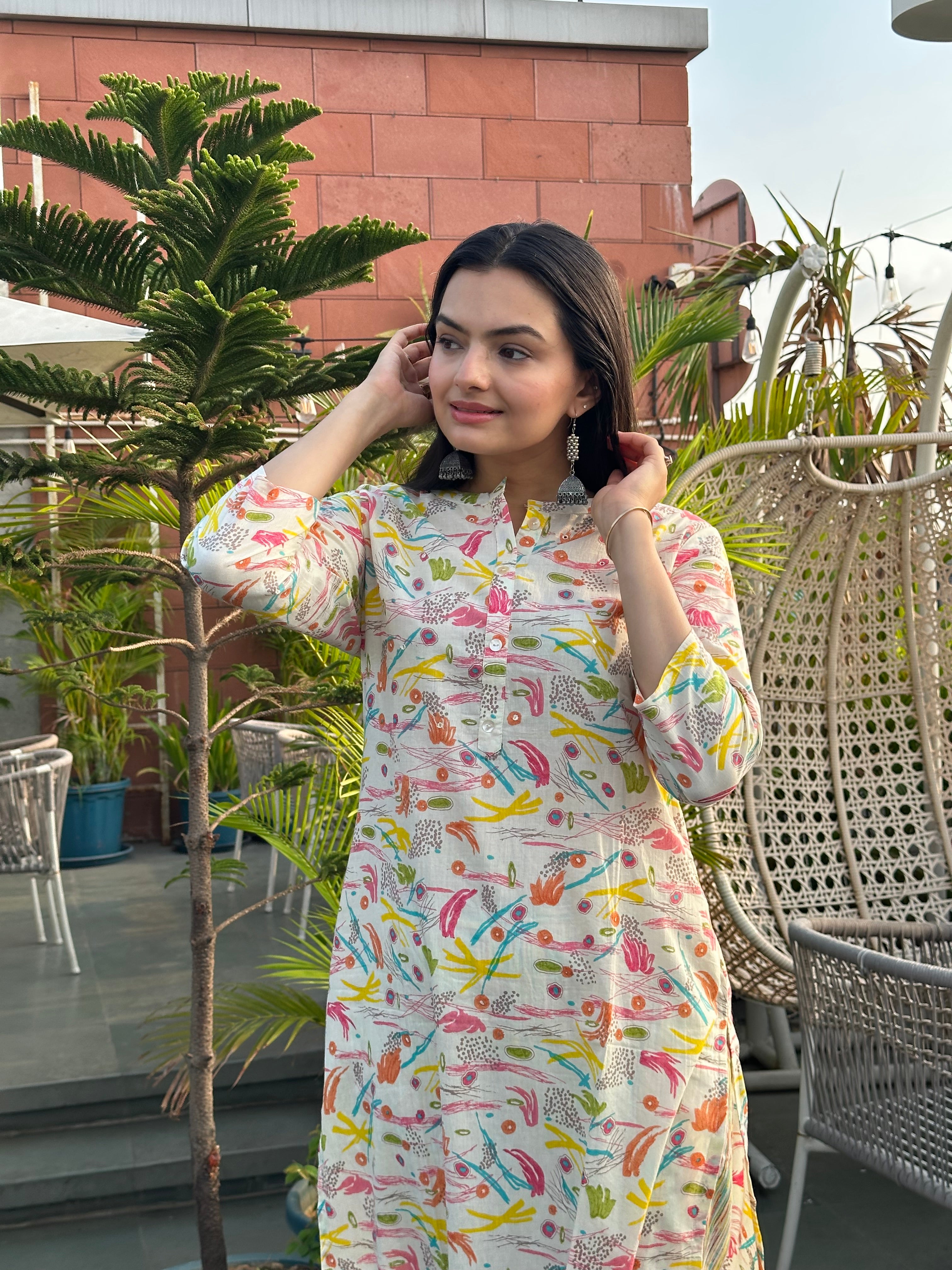 Cream Brush Print kurti pant set