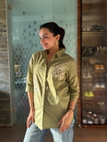 Olive Green Floral Embroidered Rich Poplin Shirt