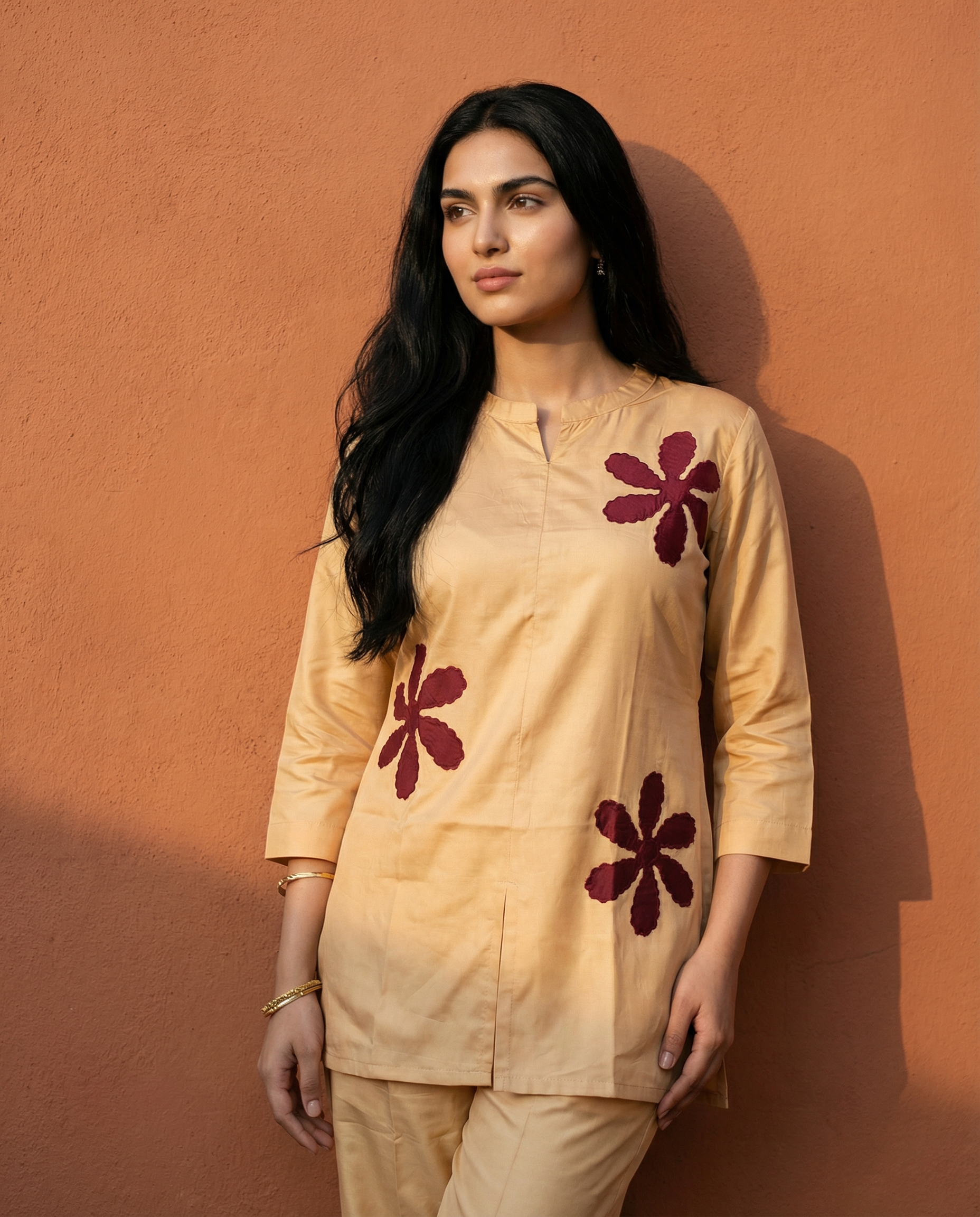 Desert Golden Applique Design Giza Silk Coord Set