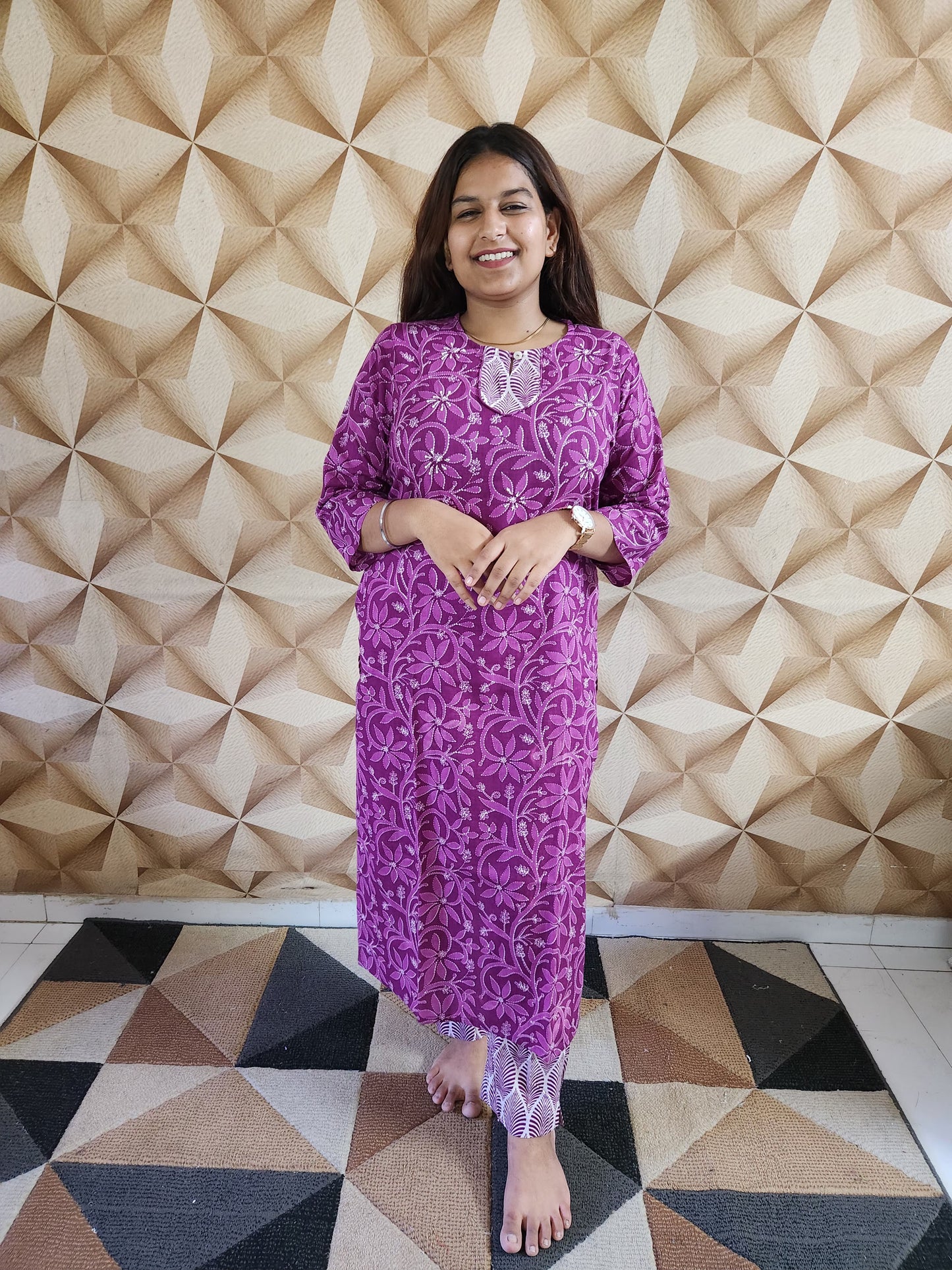 Wine Floral Print Cotton Kurti Pant Set