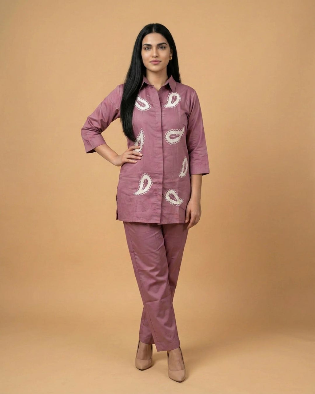 Blush Peach Keri Applique Giza Silk Coord Set