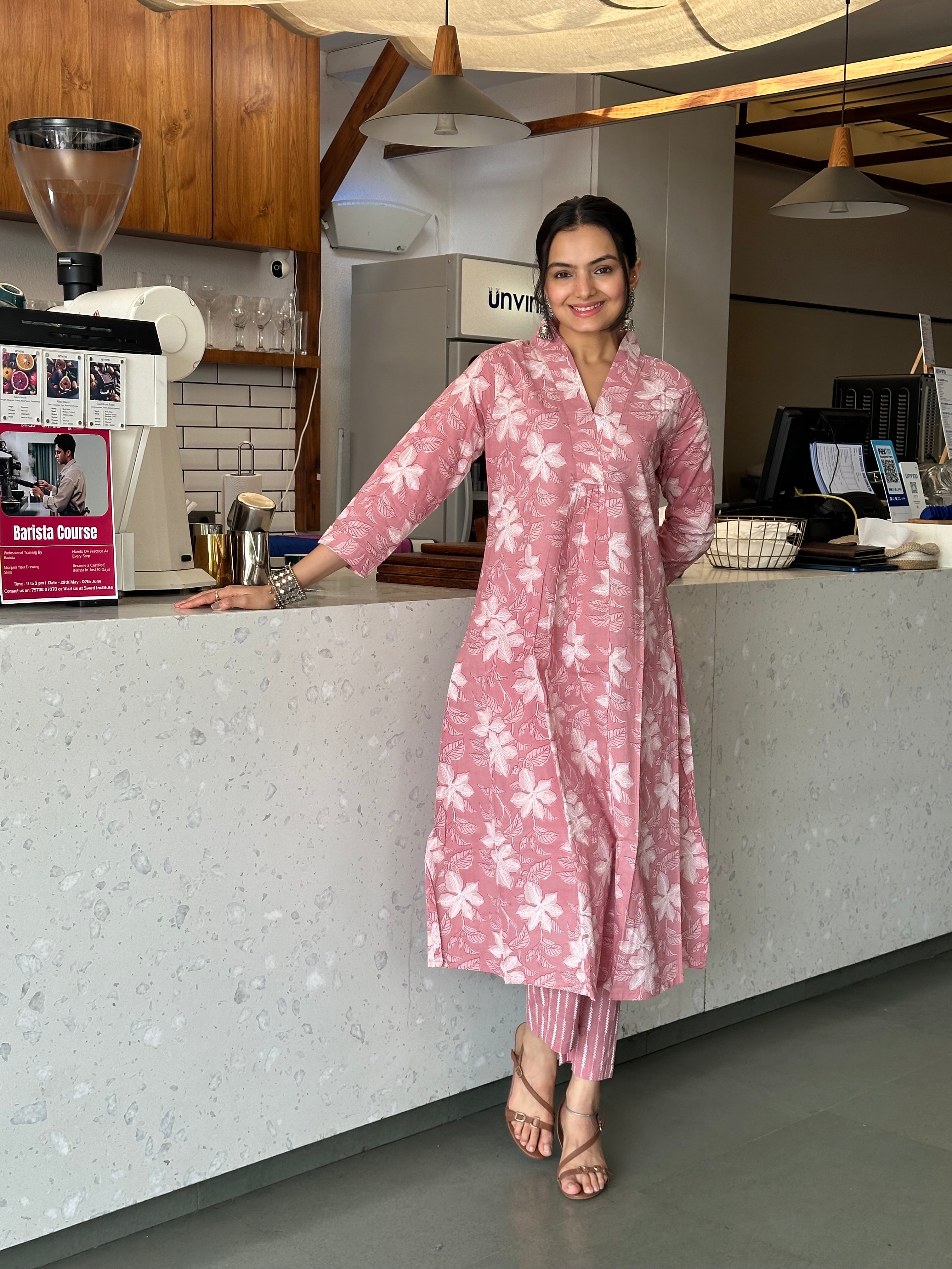 Ethereal Peach Blossom Print A-Line Kurti Pant Set