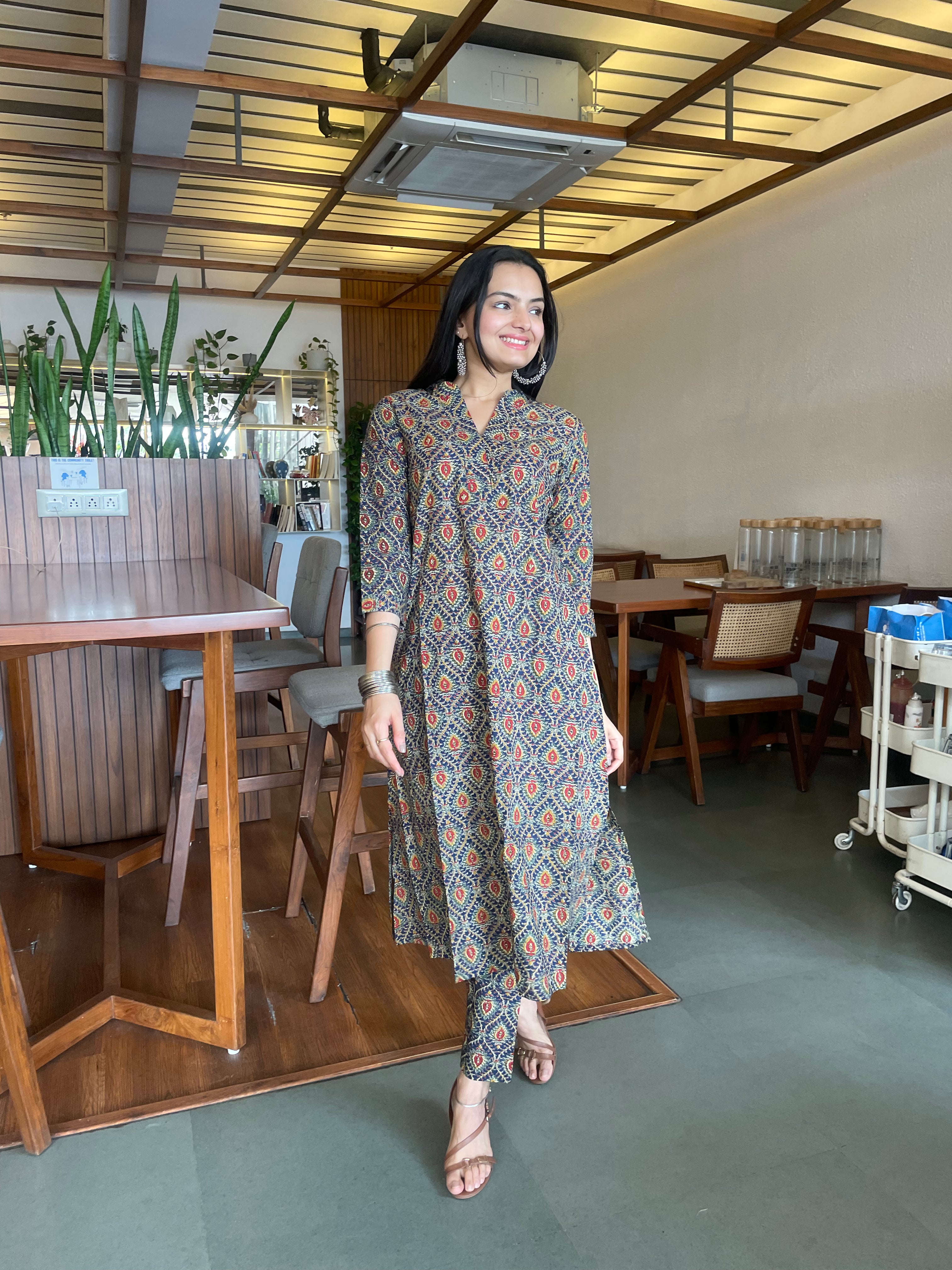 Eternal Indigo Grace Kalamkari Print A-Line Kurti Pant Set