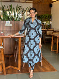 Dramatic Duality Black Hand Block Print A-Line Kurti Pant Set