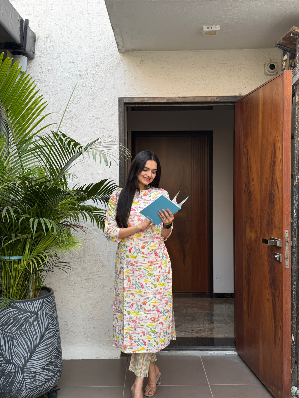 Cream Brush Print kurti pant set