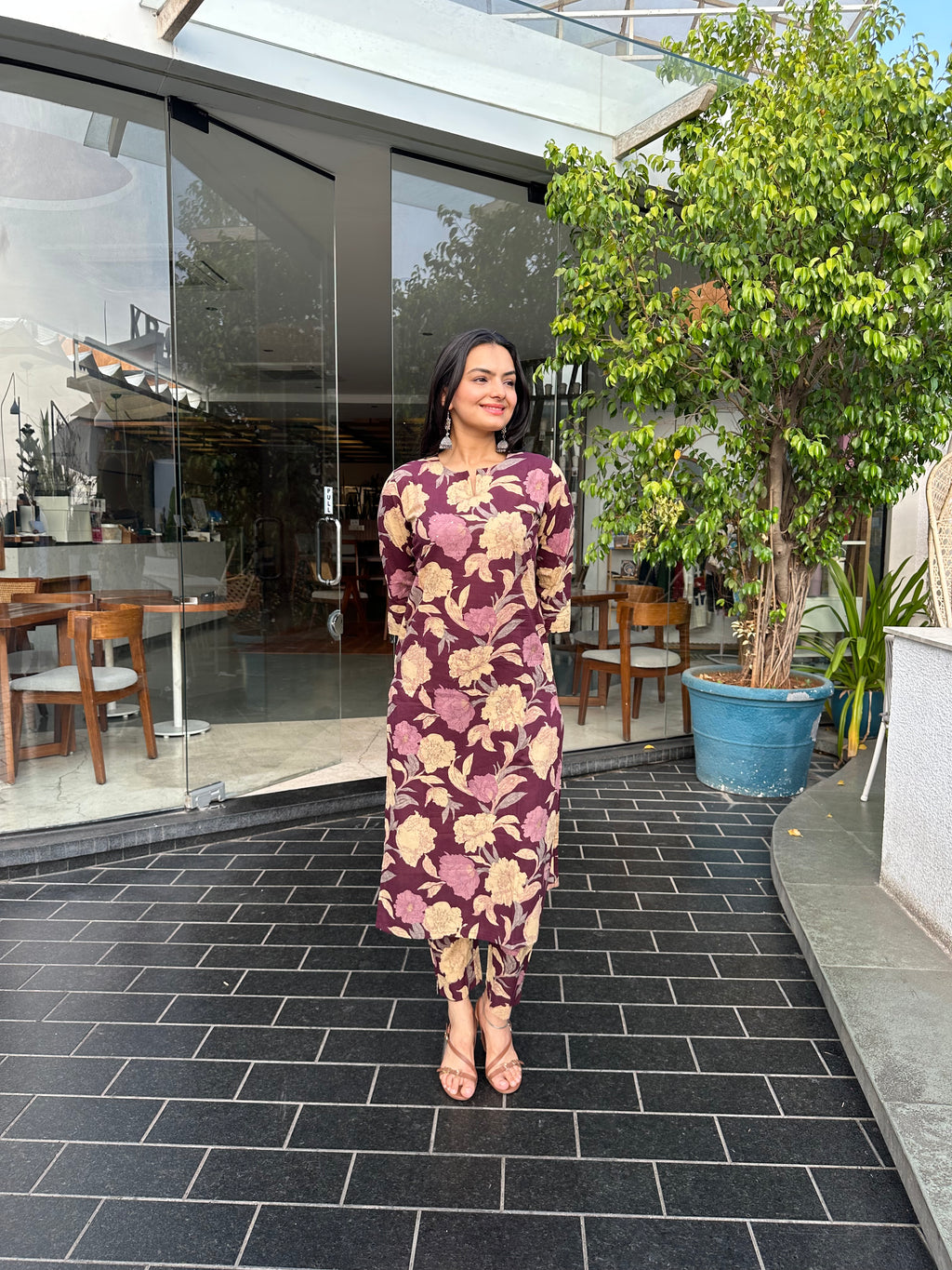 Wine Floral Foil Printed Kurta Set