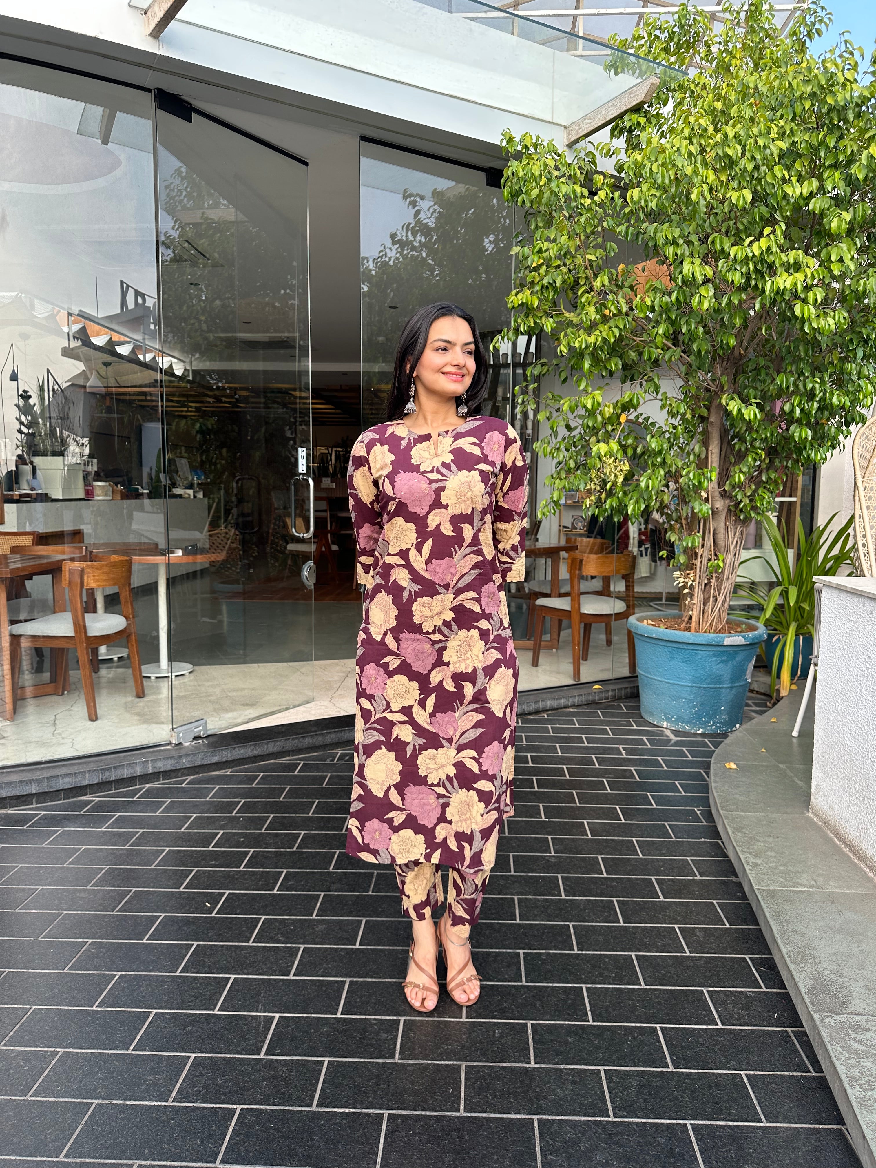 Wine Floral Foil Printed Kurta Set