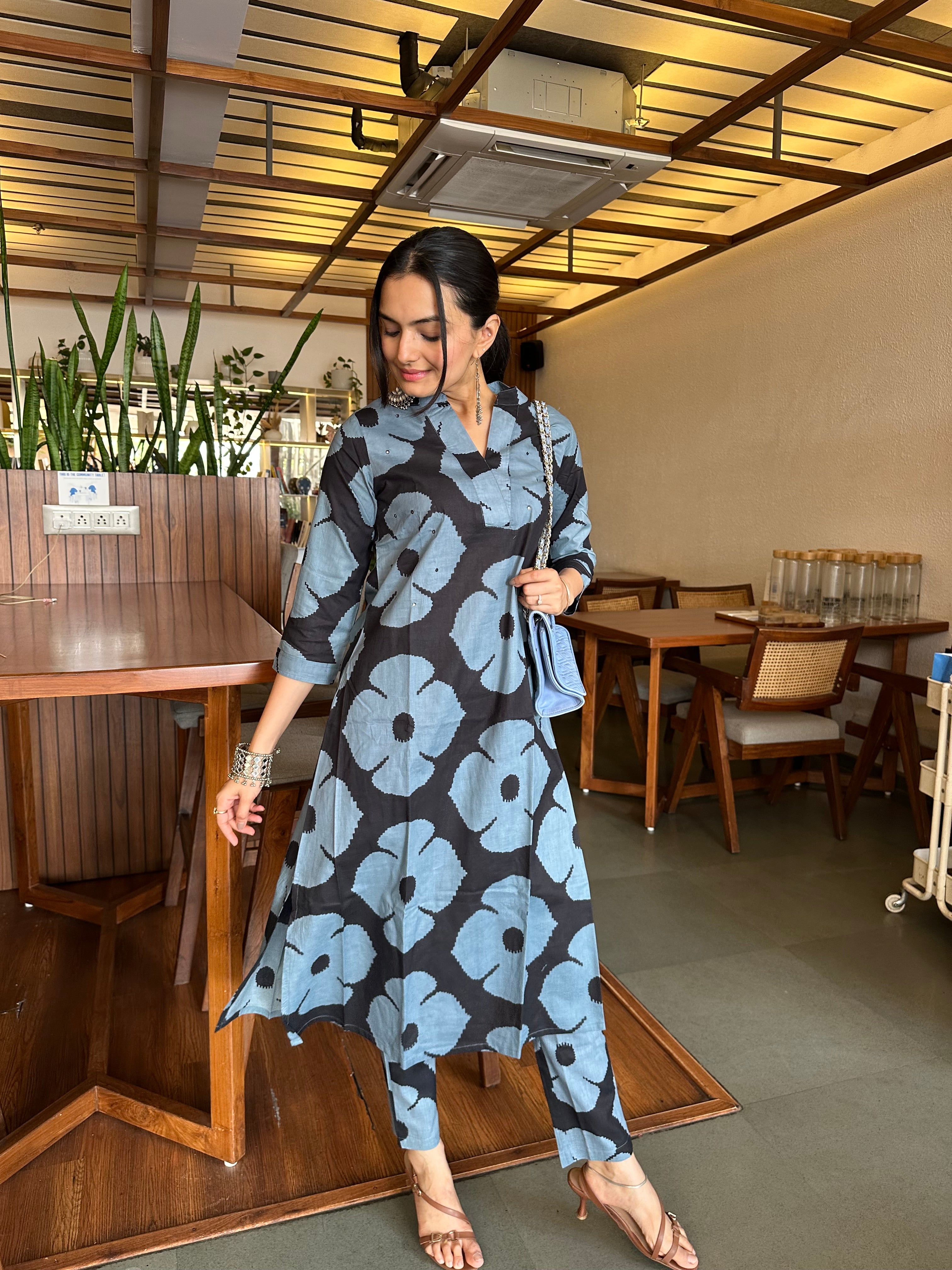 Dramatic Duality Black Hand Block Print A-Line Kurti Pant Set
