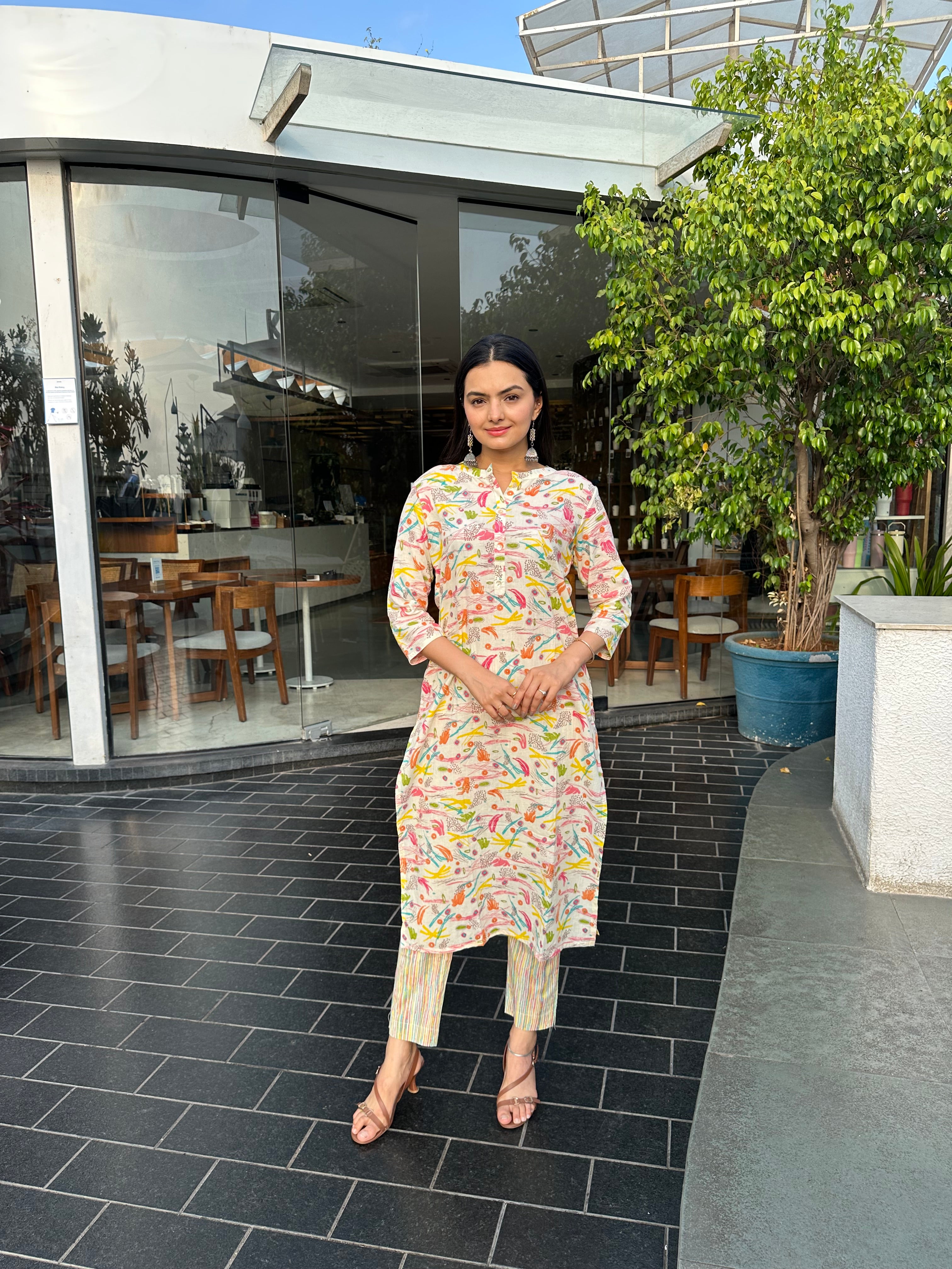 Cream Brush Print kurti pant set