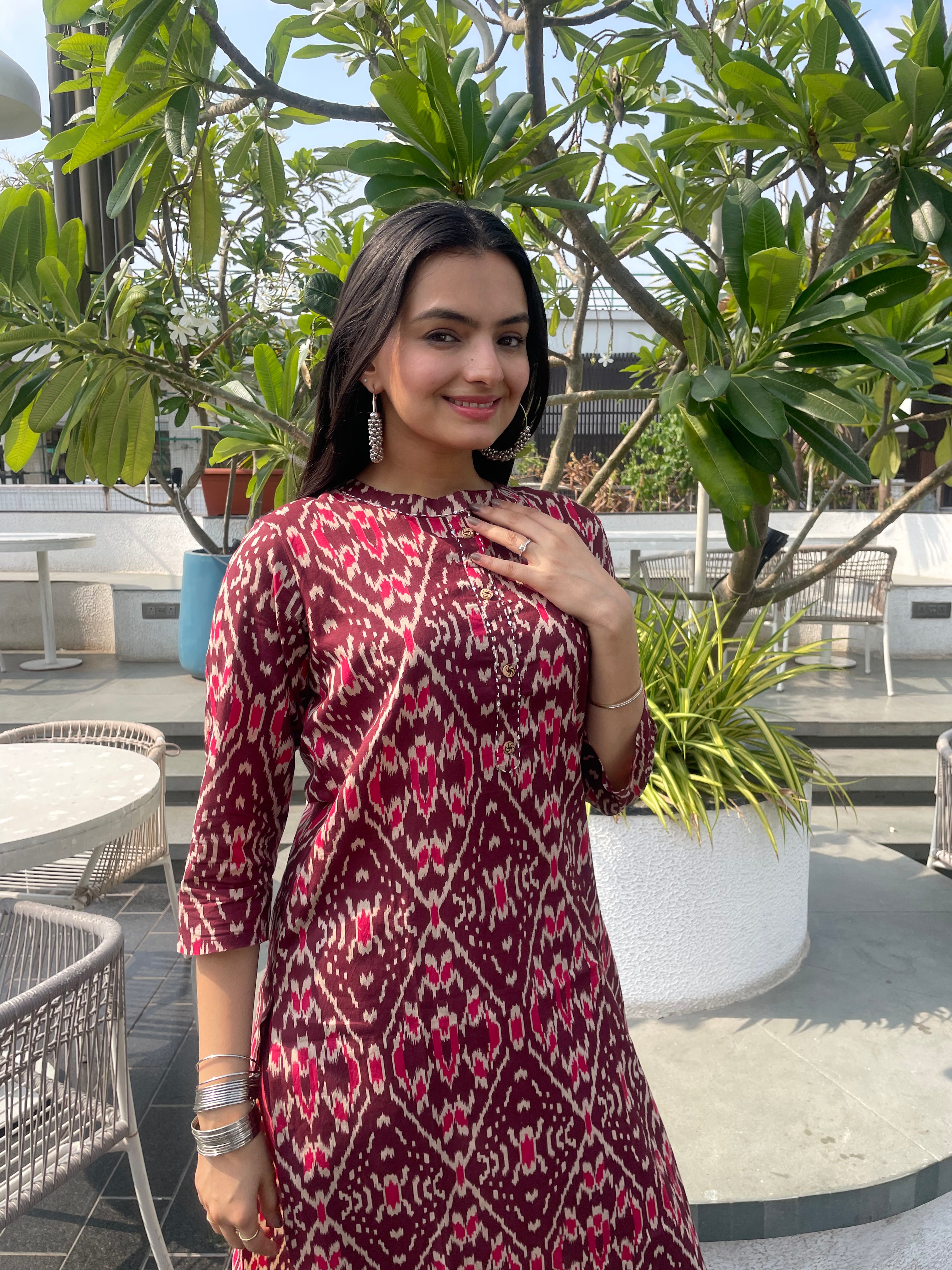 Elegant Maroon Ikat Print Kurti Pant Set