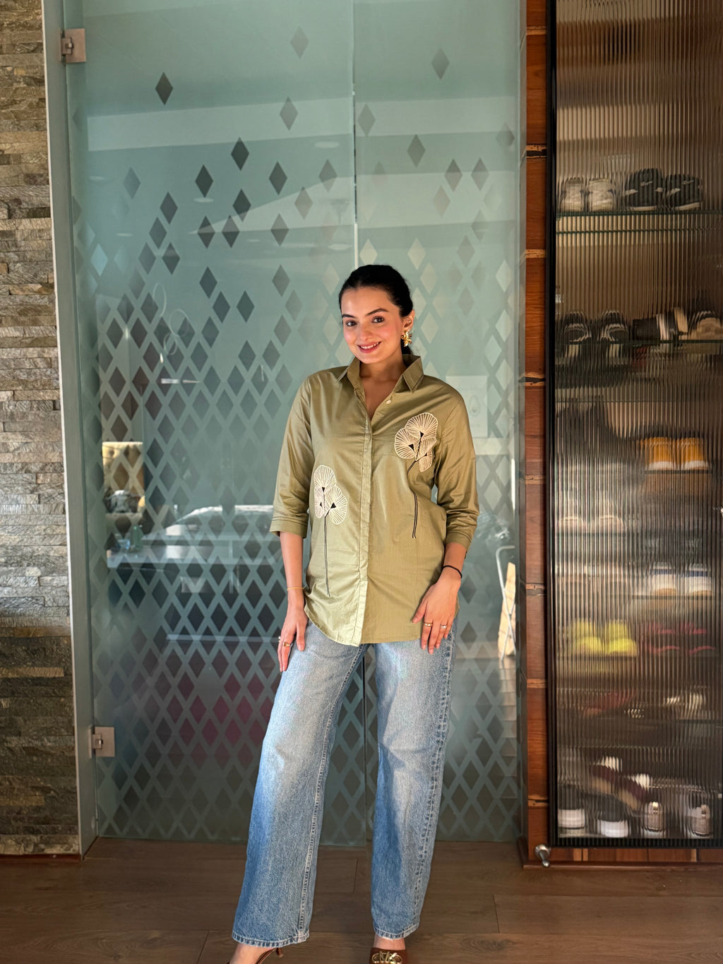 Olive Green Floral Embroidered Rich Poplin Shirt