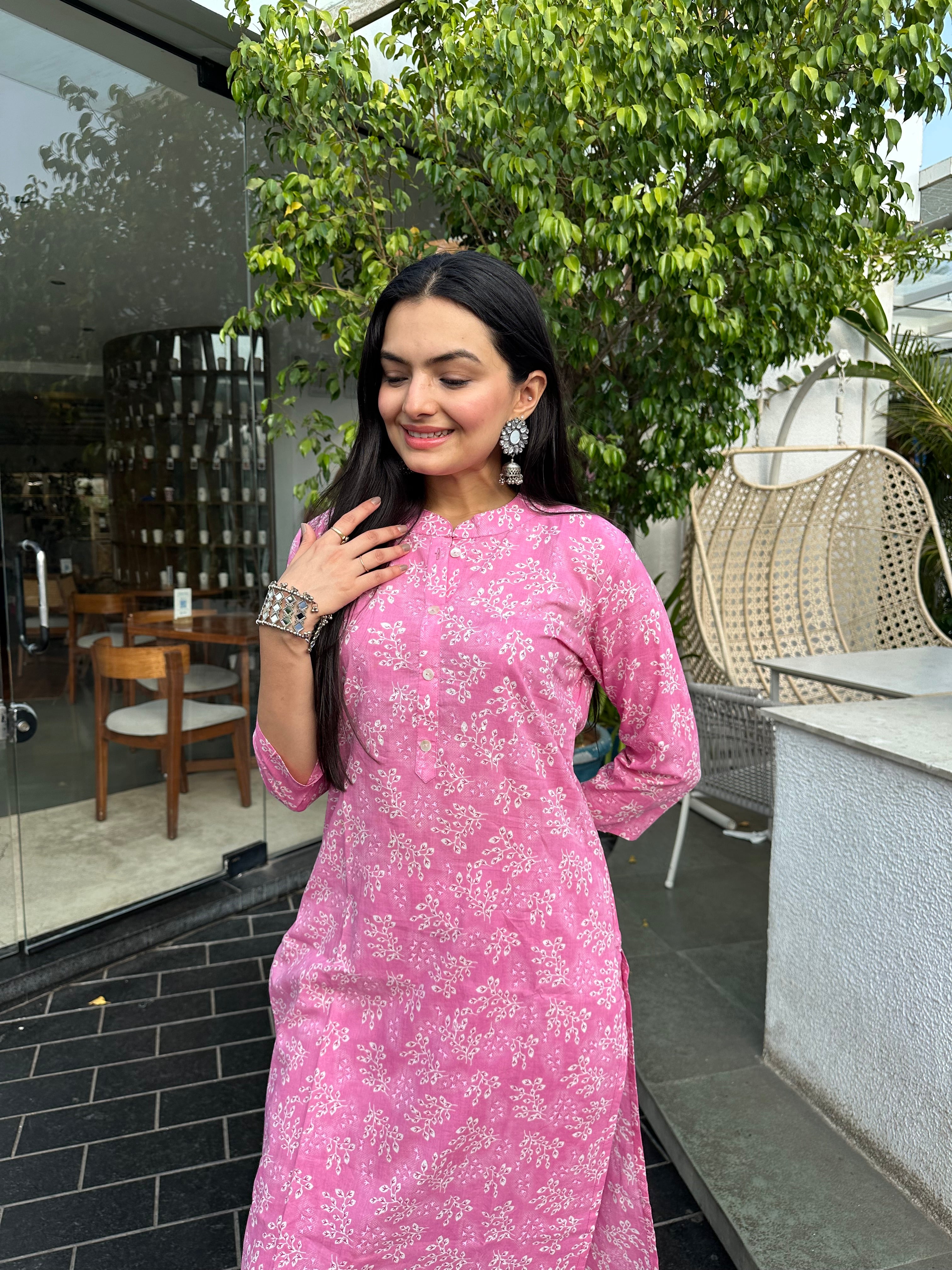 Flamingo Pink Nature Leaf Print Kurti Pant Set