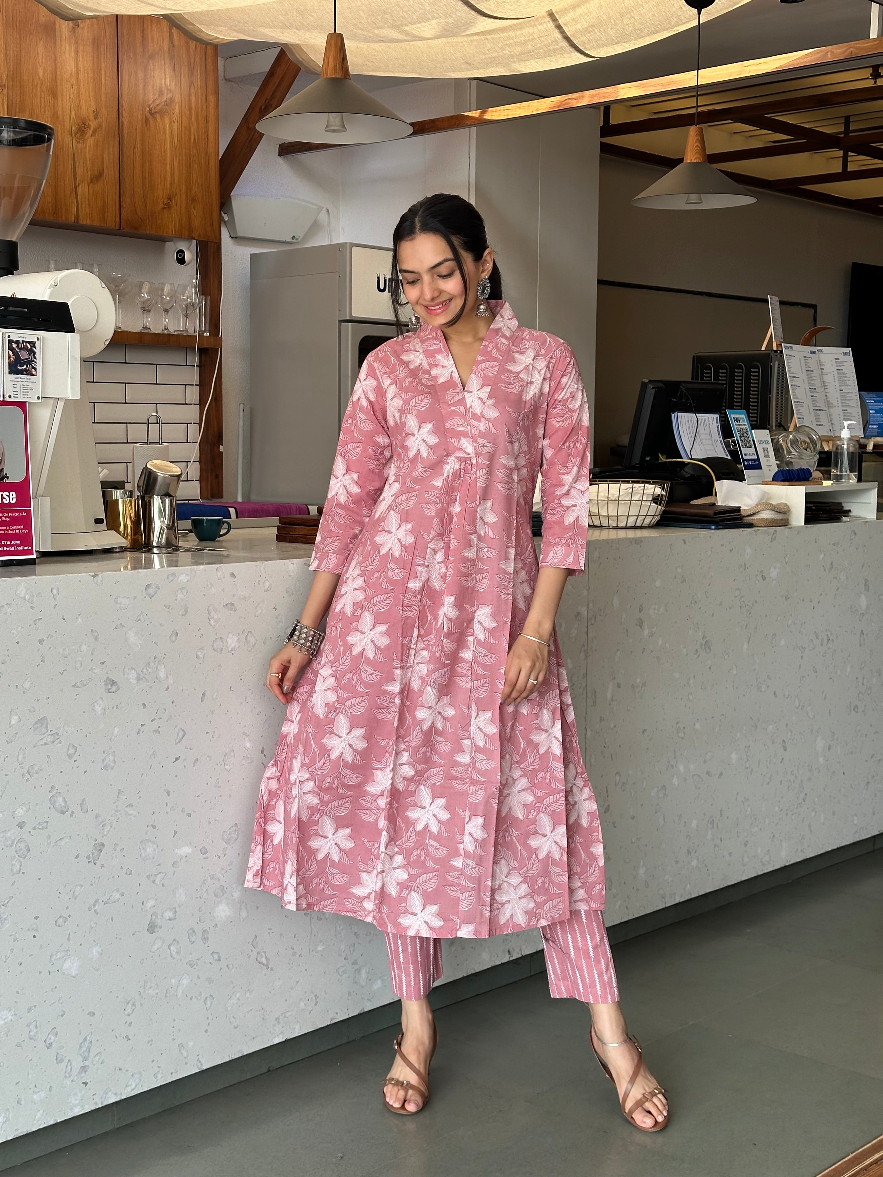 Ethereal Peach Blossom Print A-Line Kurti Pant Set
