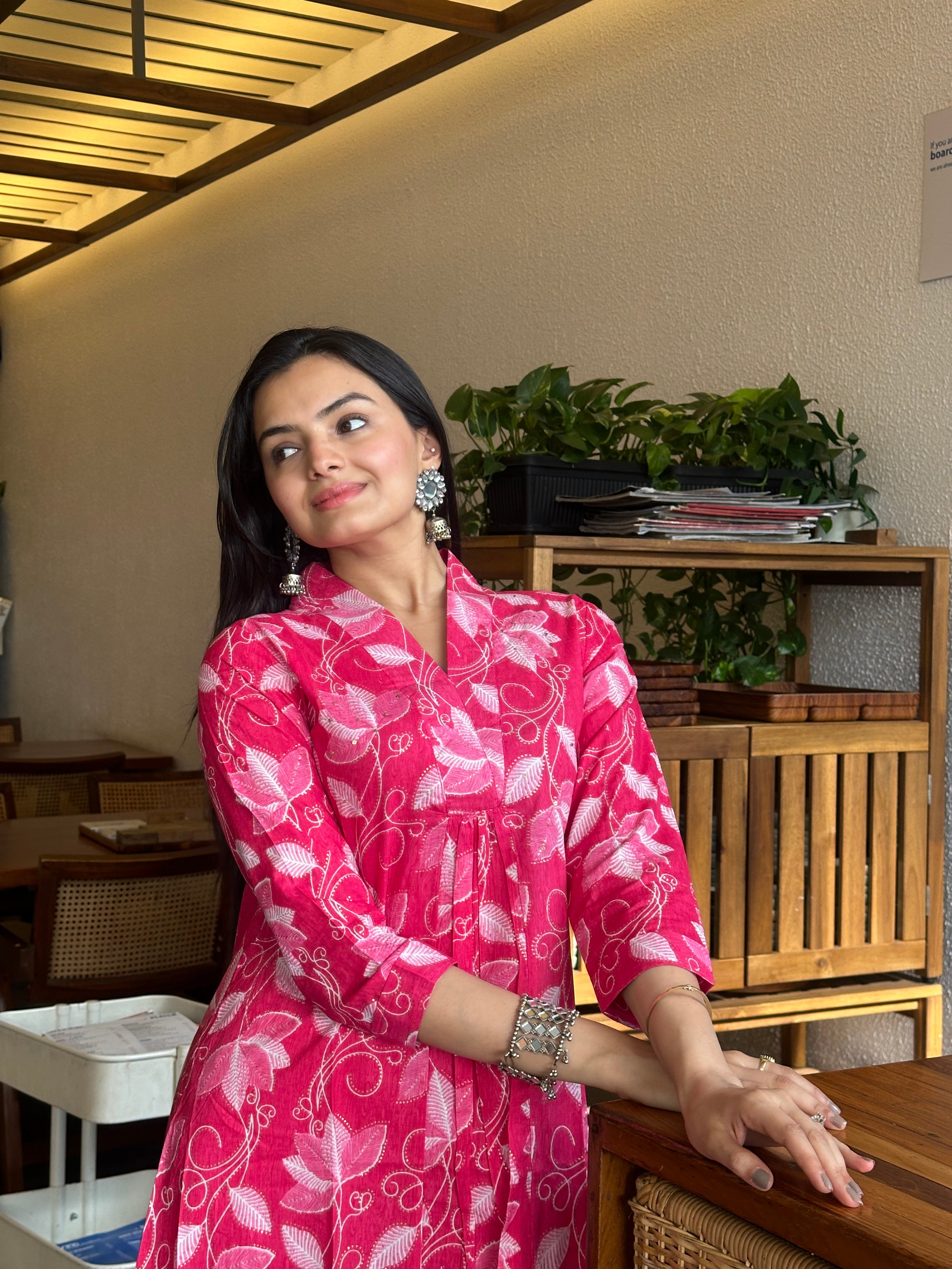 Deep Pink Leaf Print A-Line Kurti Pant Set