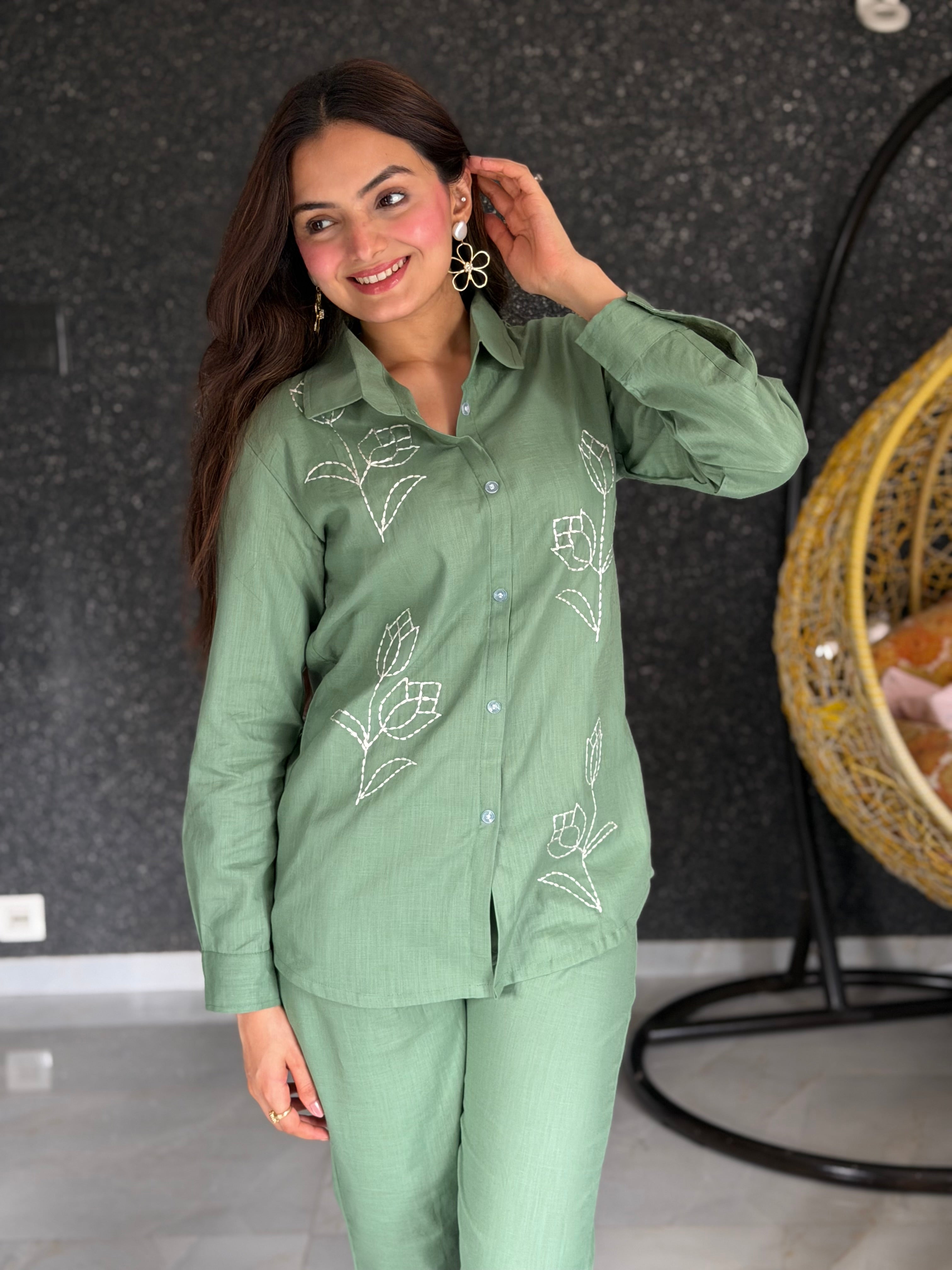 Green Tulip Floral Embroidered Pure Linen Coord Set
