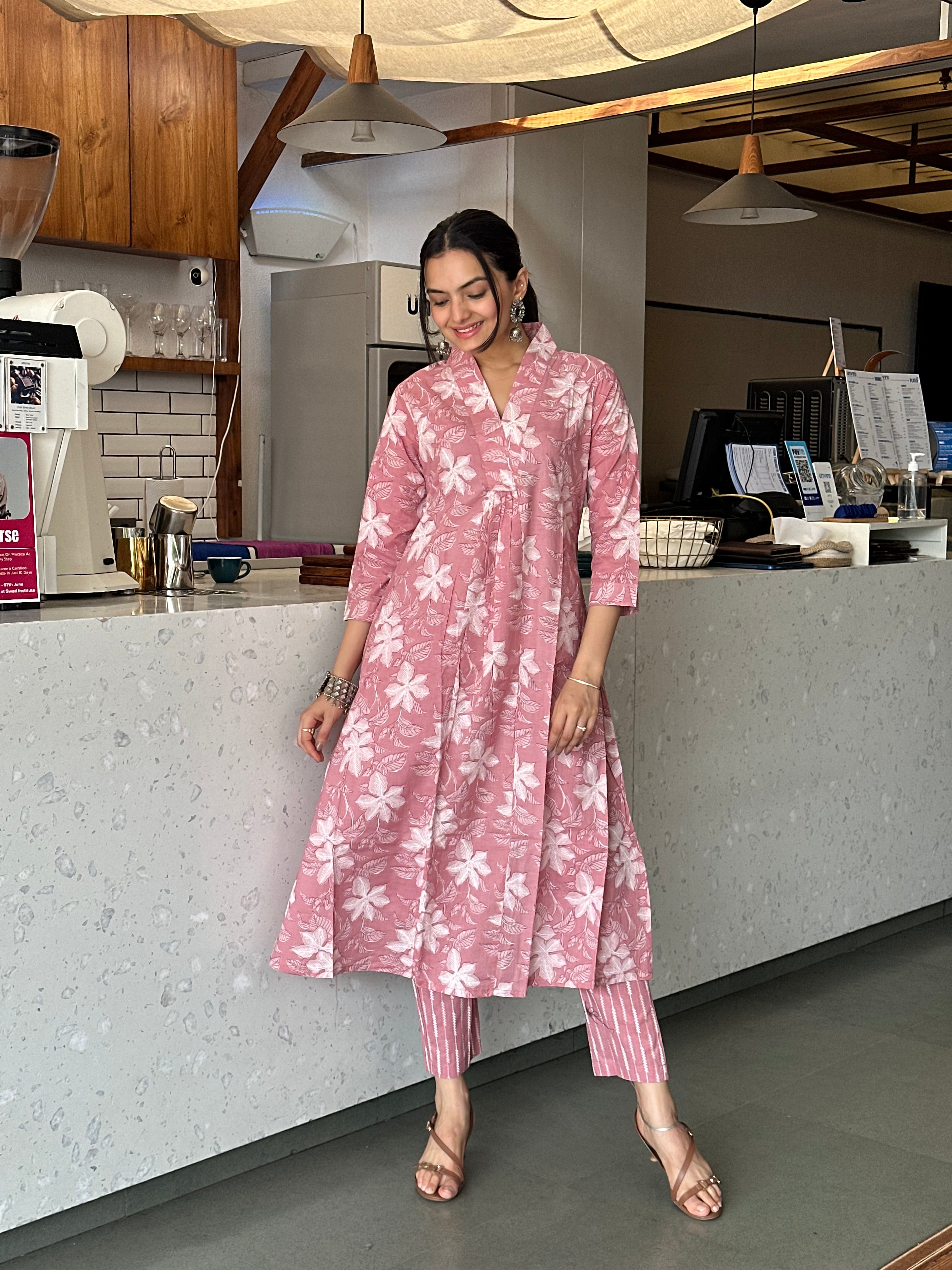 Ethereal Peach Blossom Print A-Line Kurti Pant Set