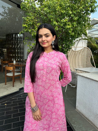 Flamingo Pink Nature Leaf Print Only Kurti