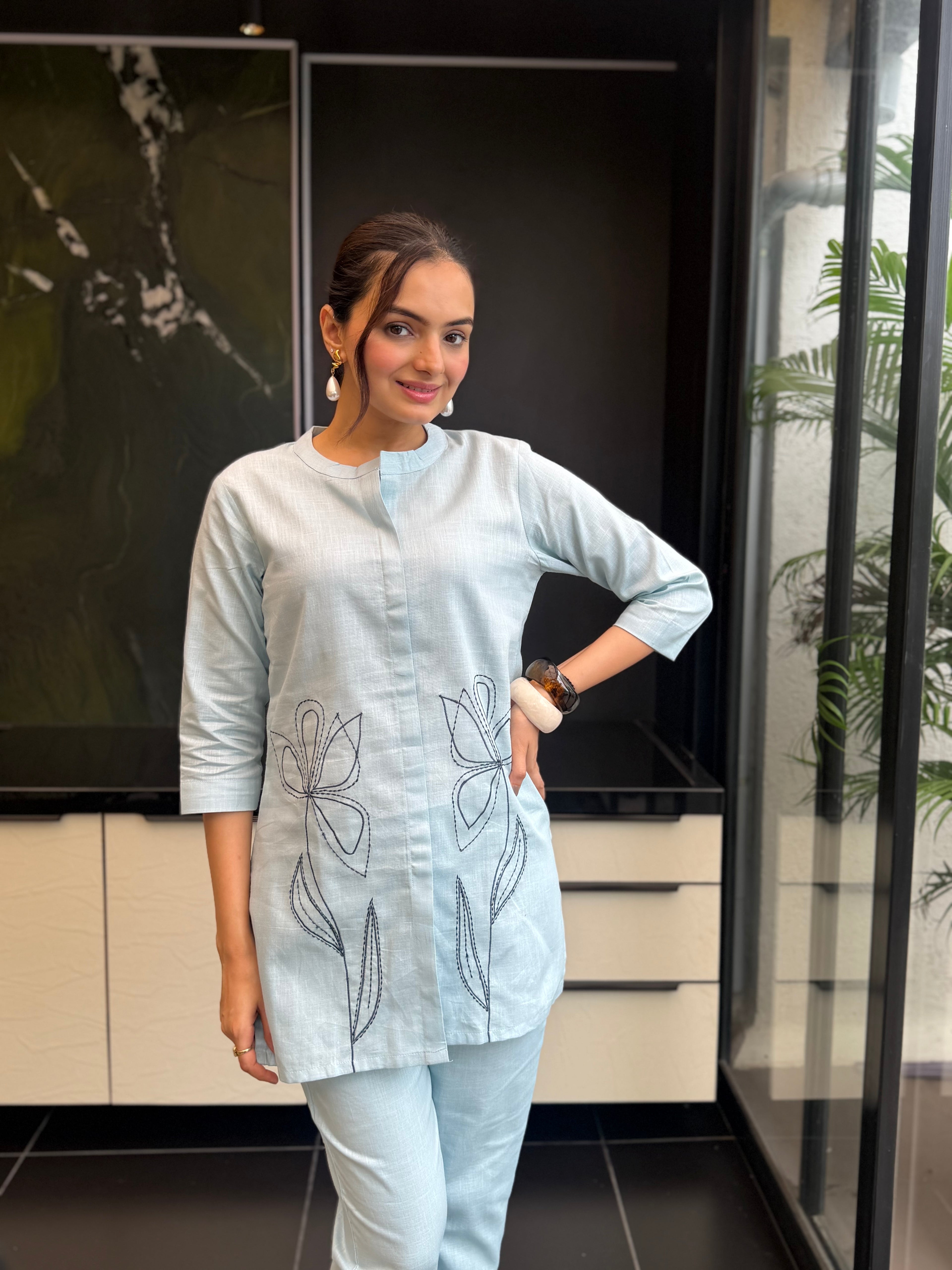 Lunara Blue Pure Linen Lily Leaf Embroidered Coord Set