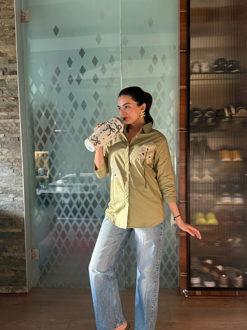 Olive Green Floral Embroidered Rich Poplin Shirt