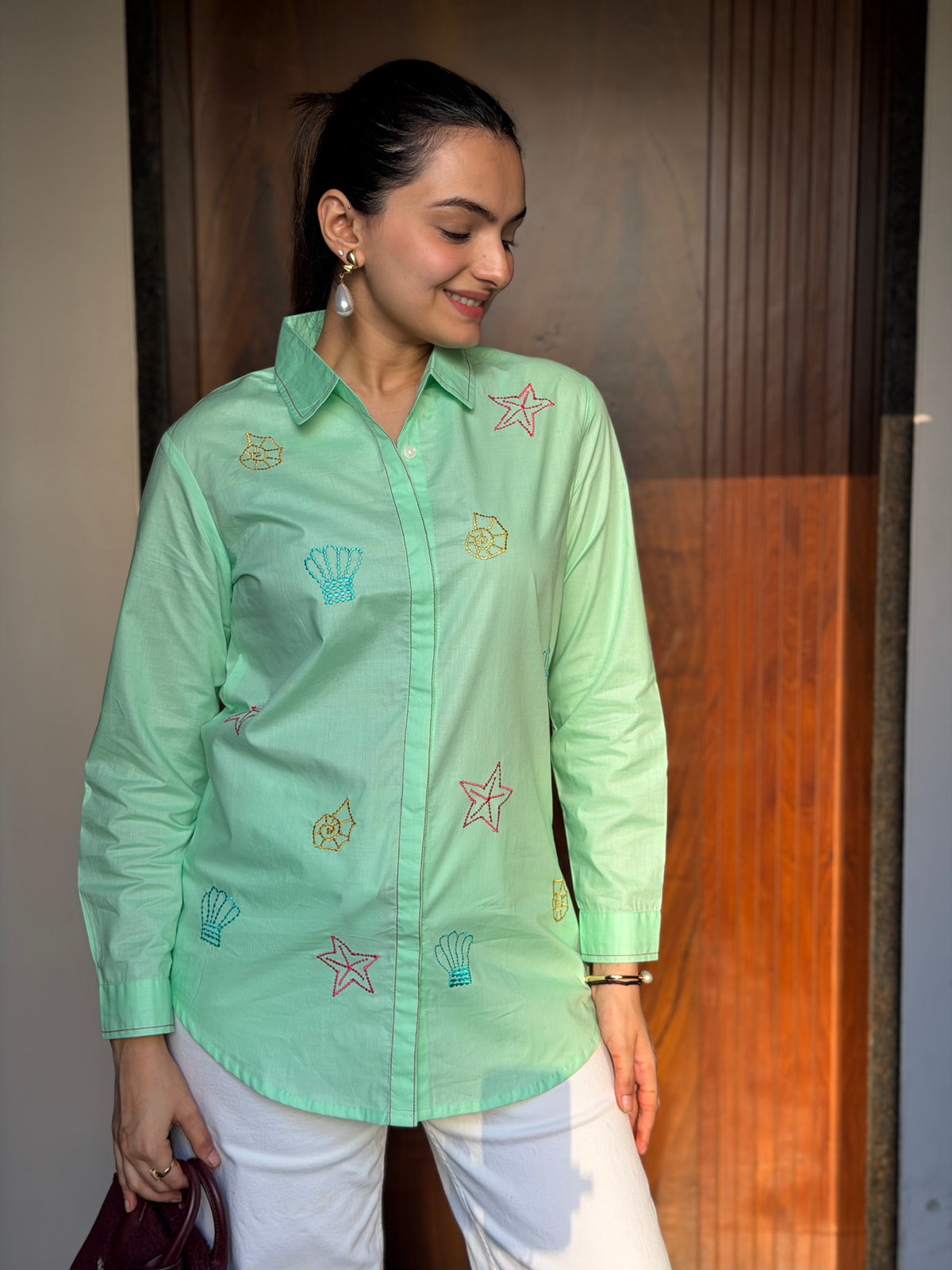 Pistachio Marine Life Embroidered Rich Poplin Shirt