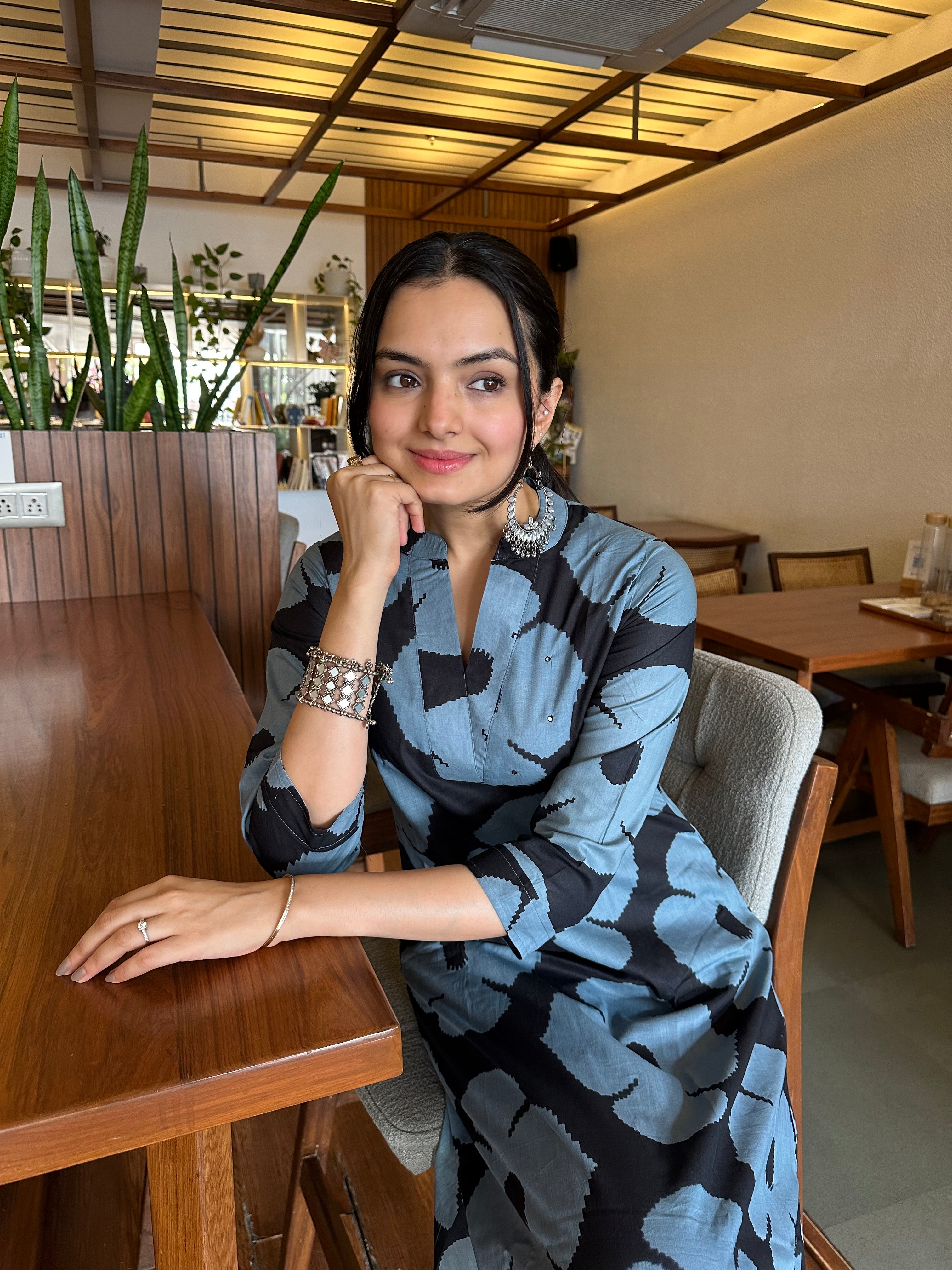 Dramatic Duality Black Hand Block Print A-Line Kurti Pant Set