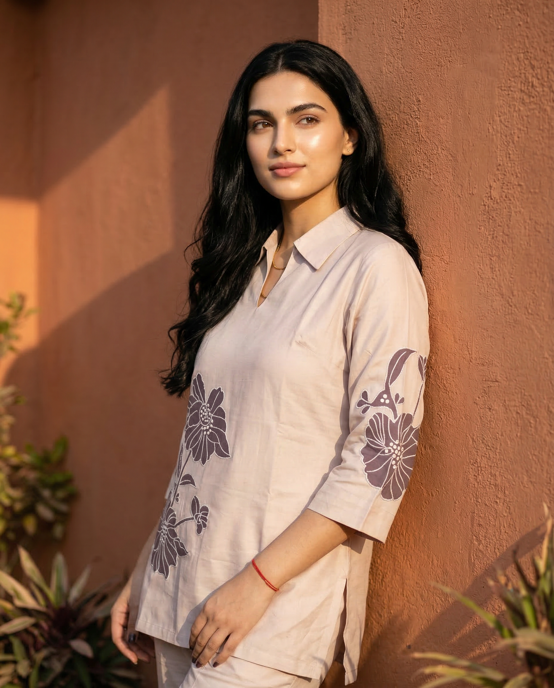 Solid Beige Applique Cotton Oxford Coord Set