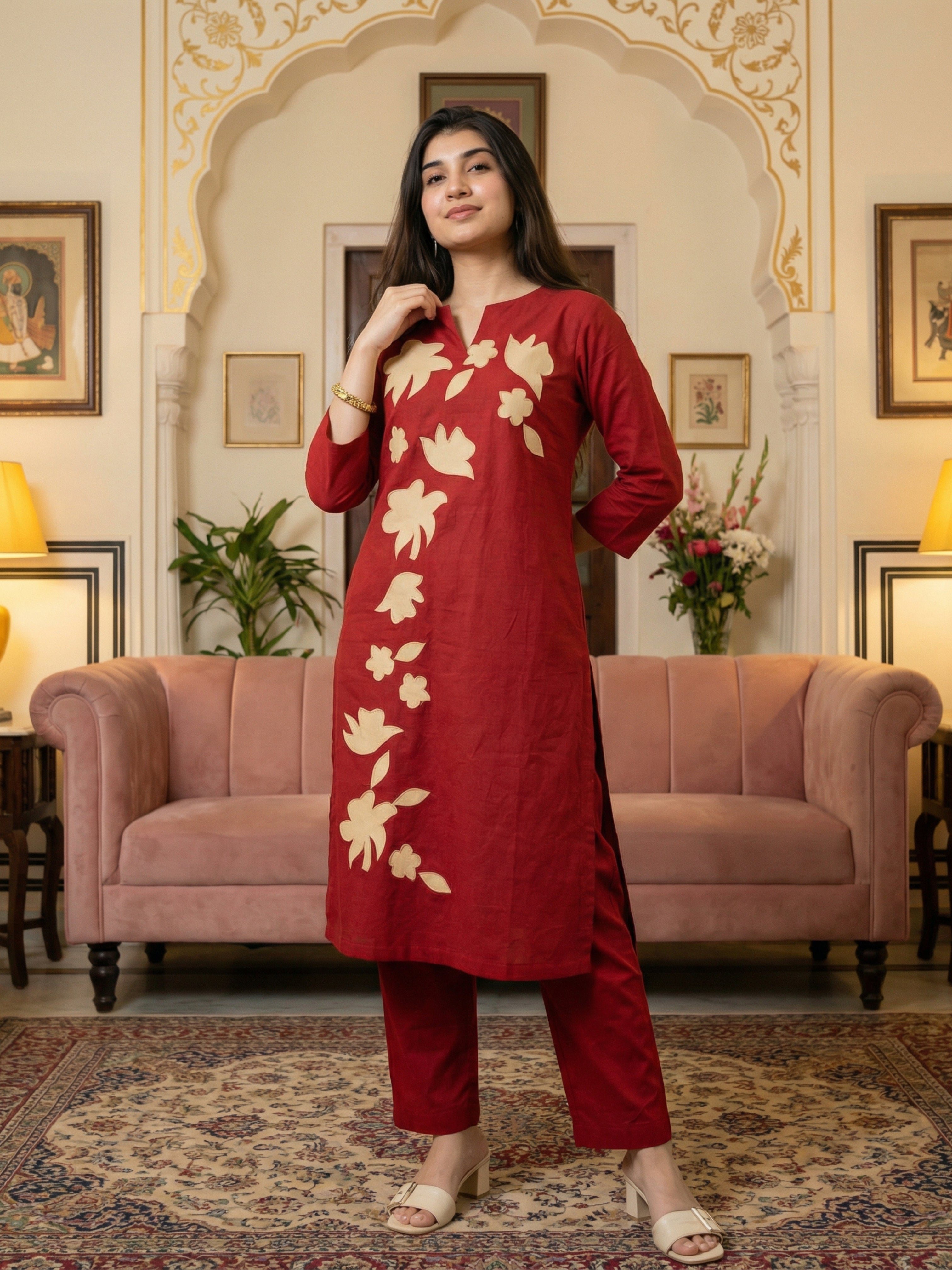 Crimson Breeze Abstract Cotton Co-ord Set