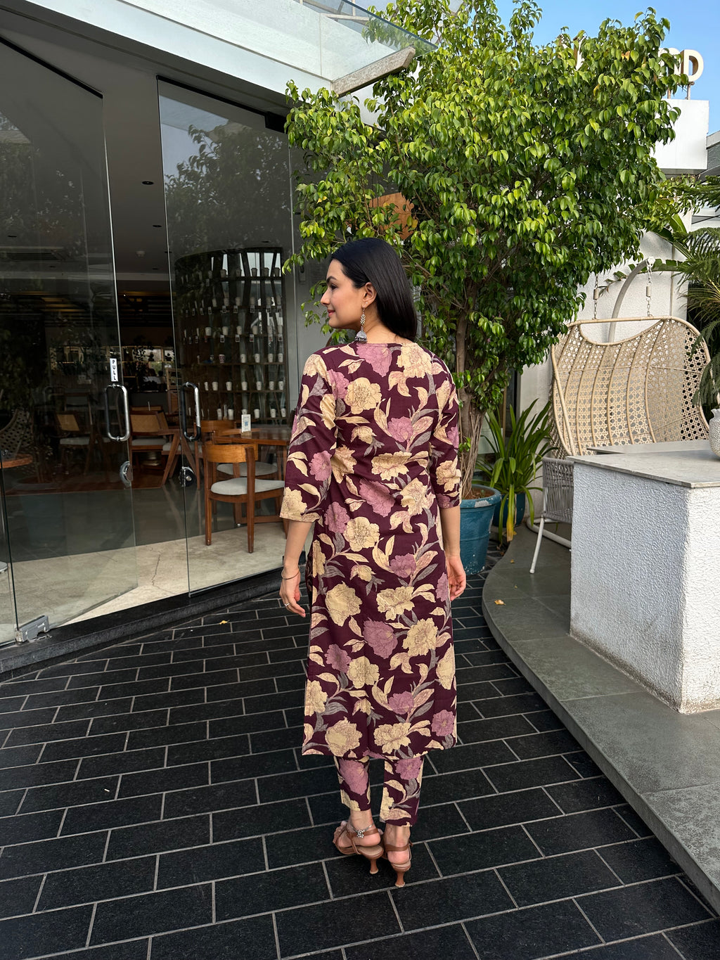Wine Floral Foil Printed Kurta Set