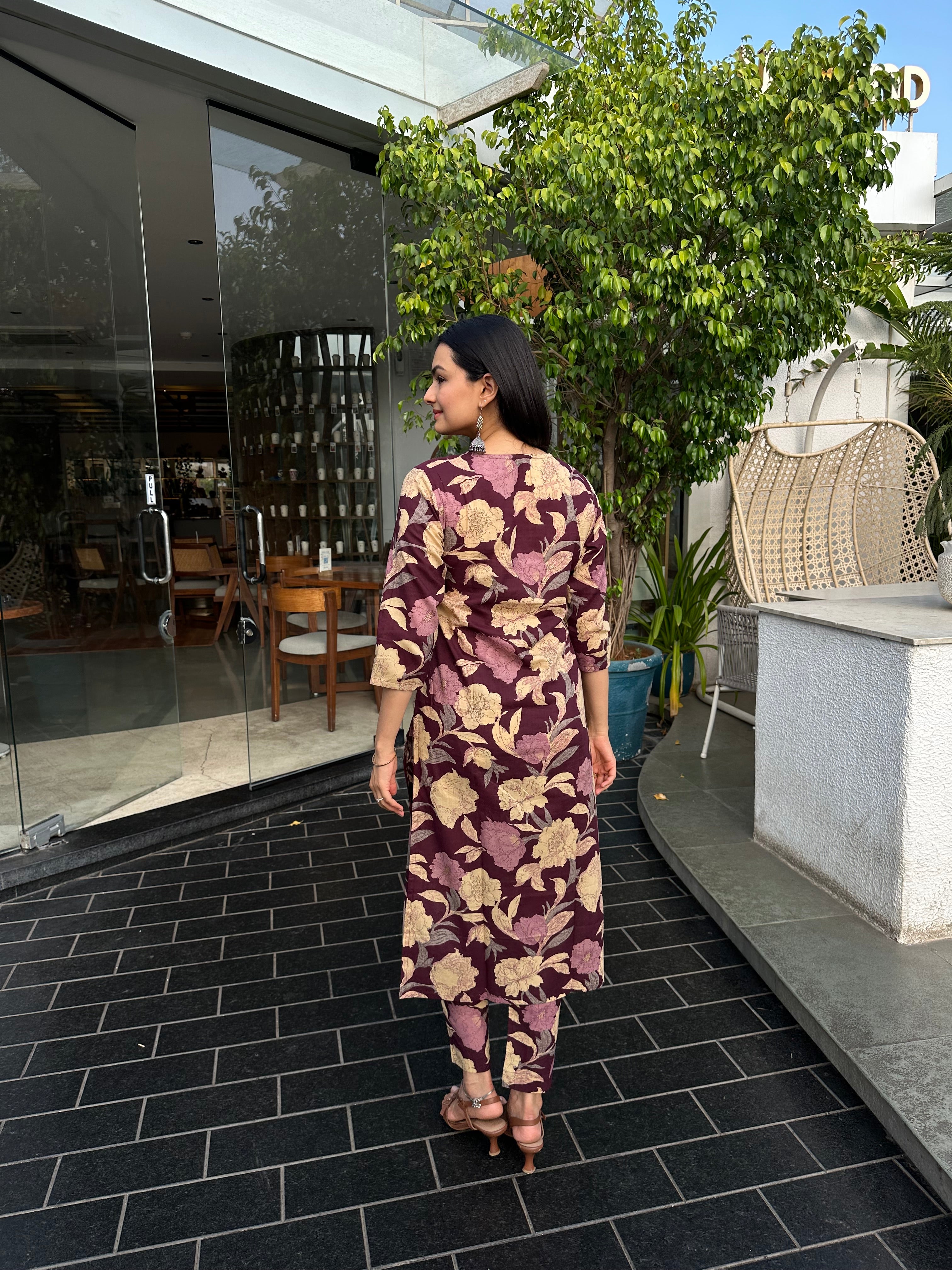 Wine Floral Foil Printed Kurta Set